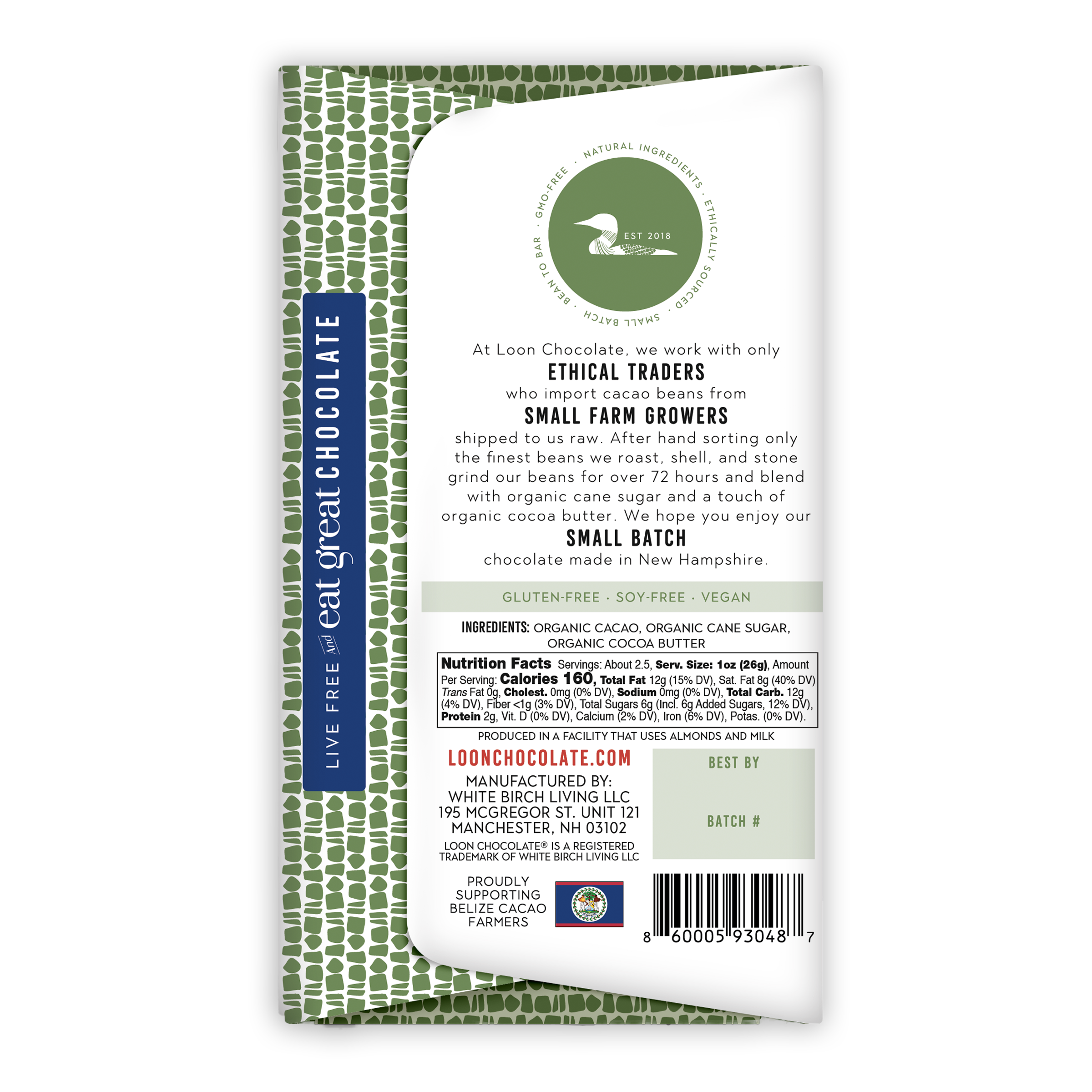 Loon Chocolate Dark Belize 75% bar wrapper with green border and blue stripe