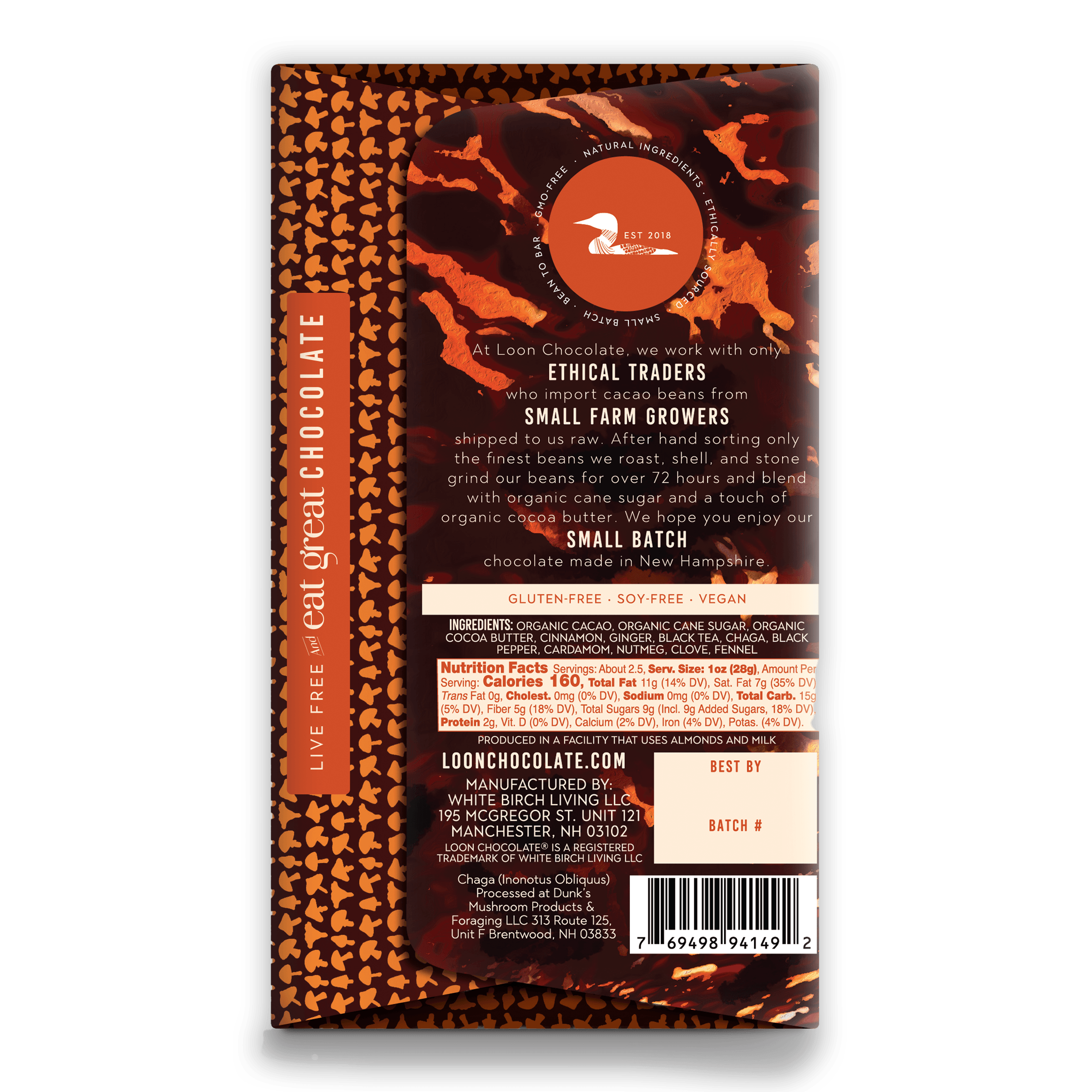 Loon Chocolate Dark w/ Chaga Chai 70% bar with orange brown wrapper