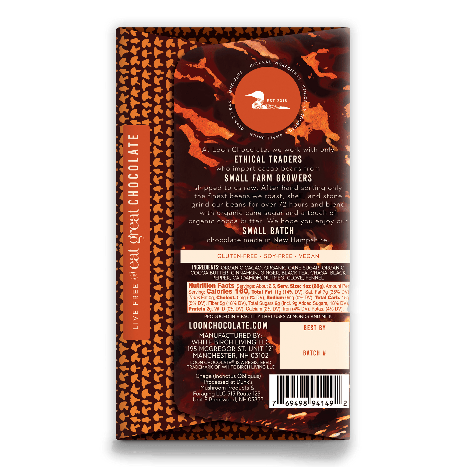 Loon Chocolate Dark w/ Chaga Chai 70% bar with orange brown wrapper