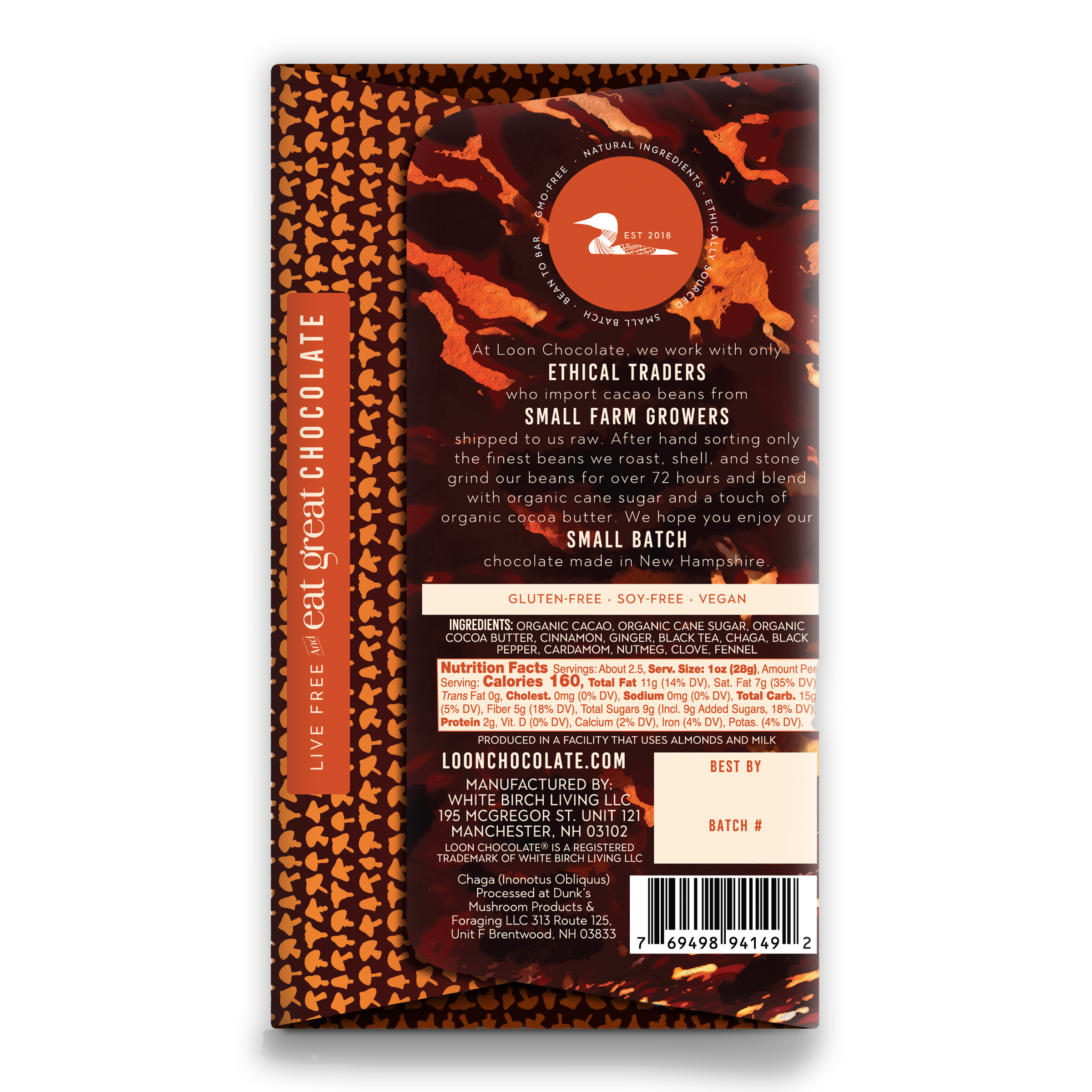 Loon Chocolate Dark w/ Chaga Chai 70% bar with orange brown wrapper