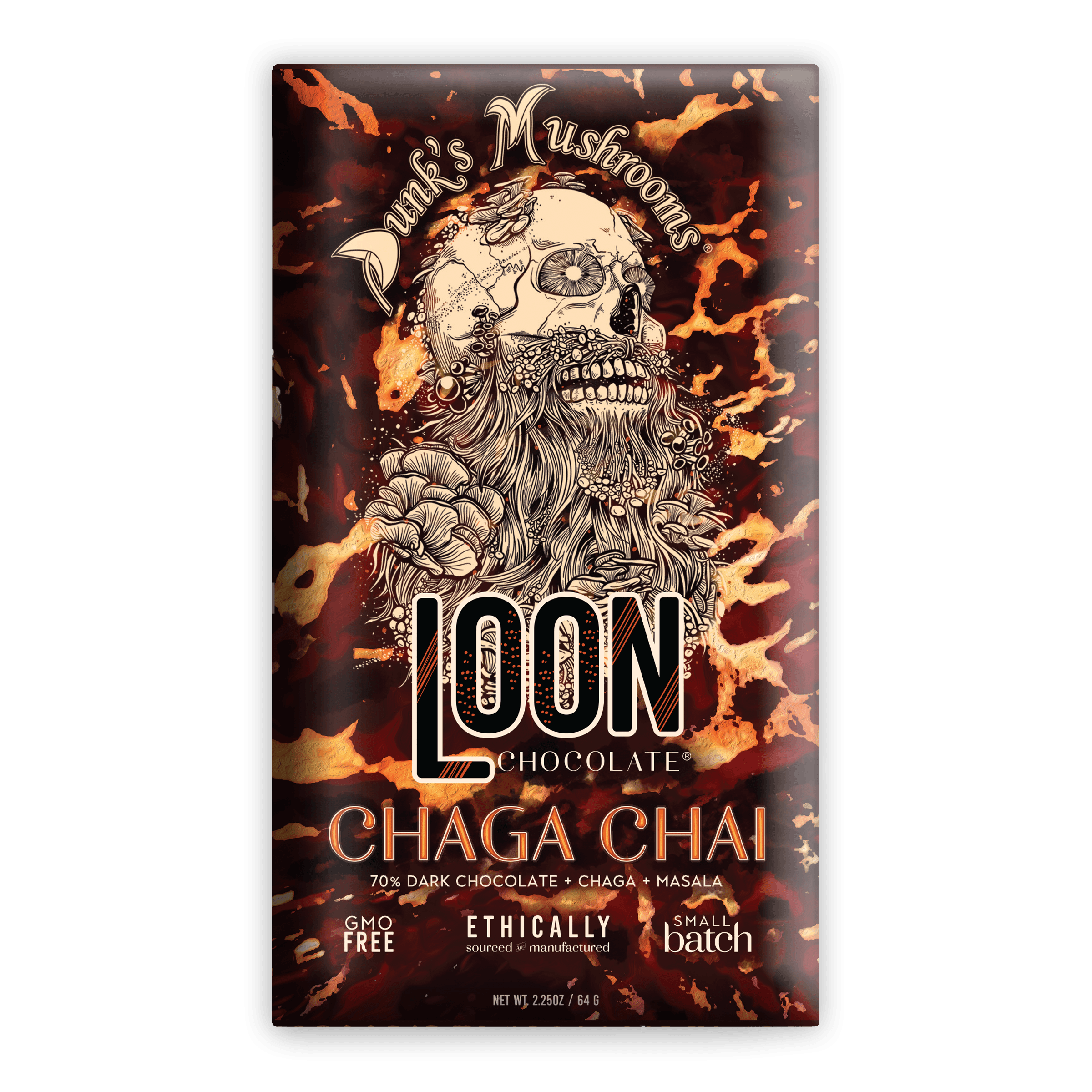 Loon Chocolate Dark w/ Chaga Chai 70% bar in skull mushroom wrapper