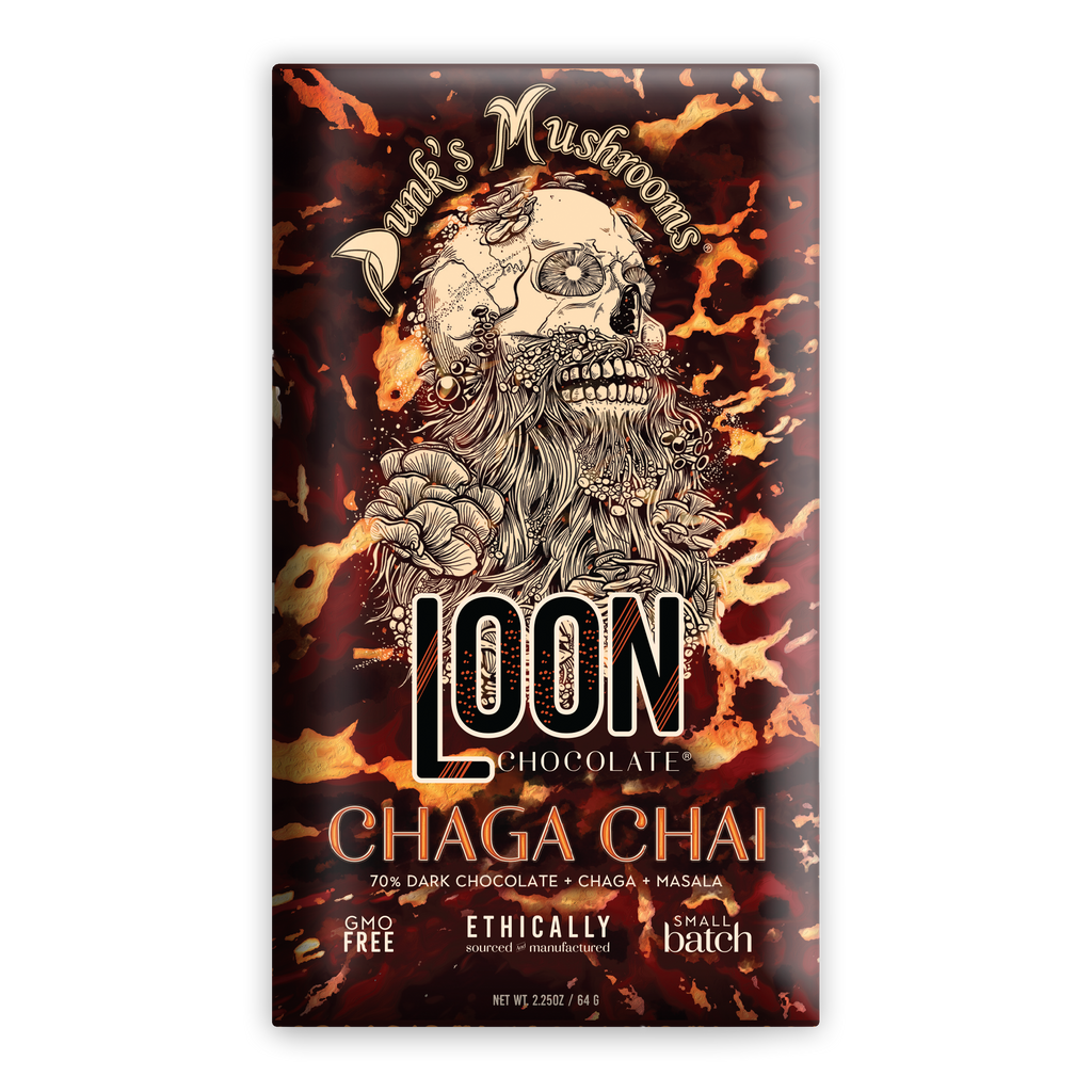 Loon Chocolate Dark w/ Chaga Chai 70% bar in skull mushroom wrapper