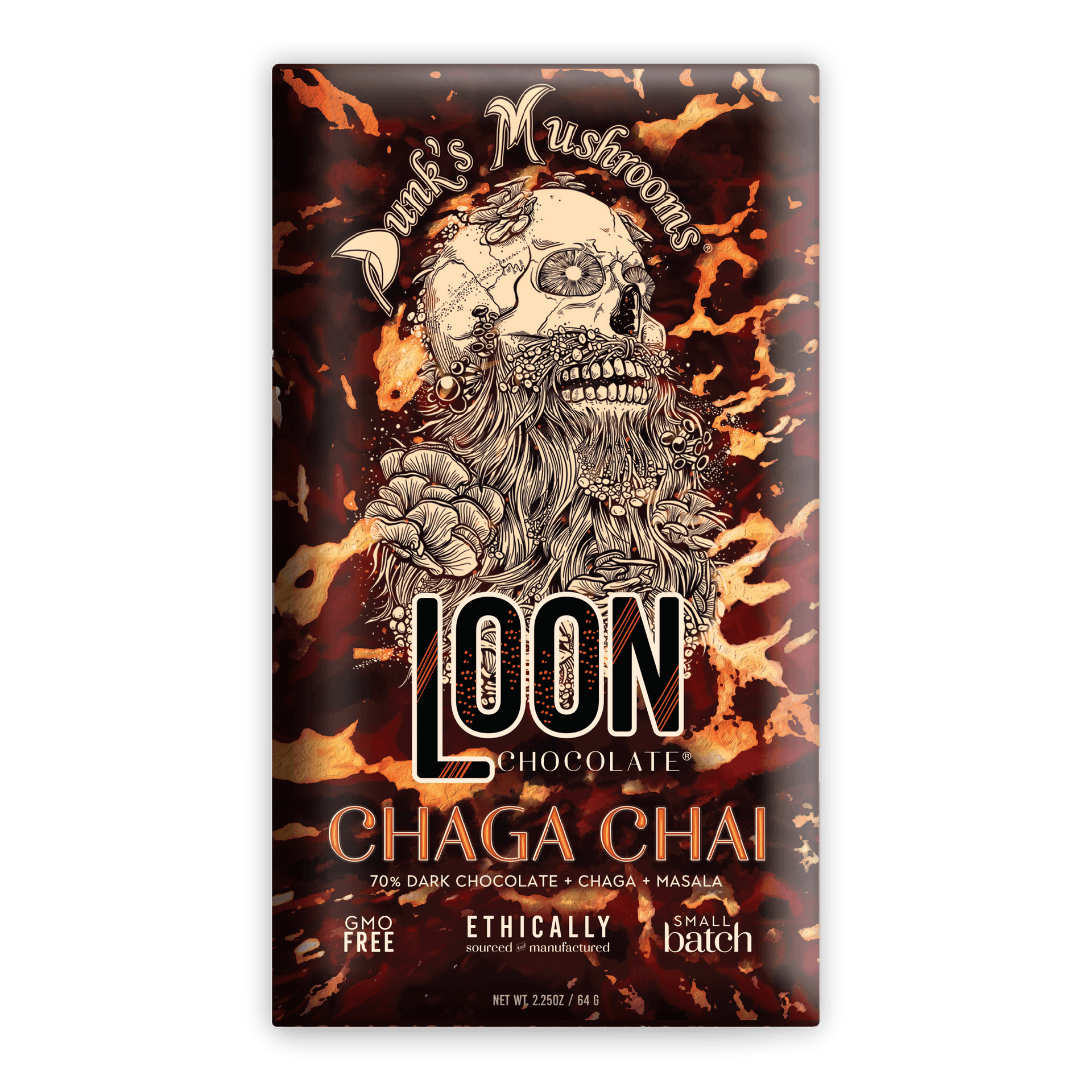 Loon Chocolate Dark w/ Chaga Chai 70% bar in skull mushroom wrapper