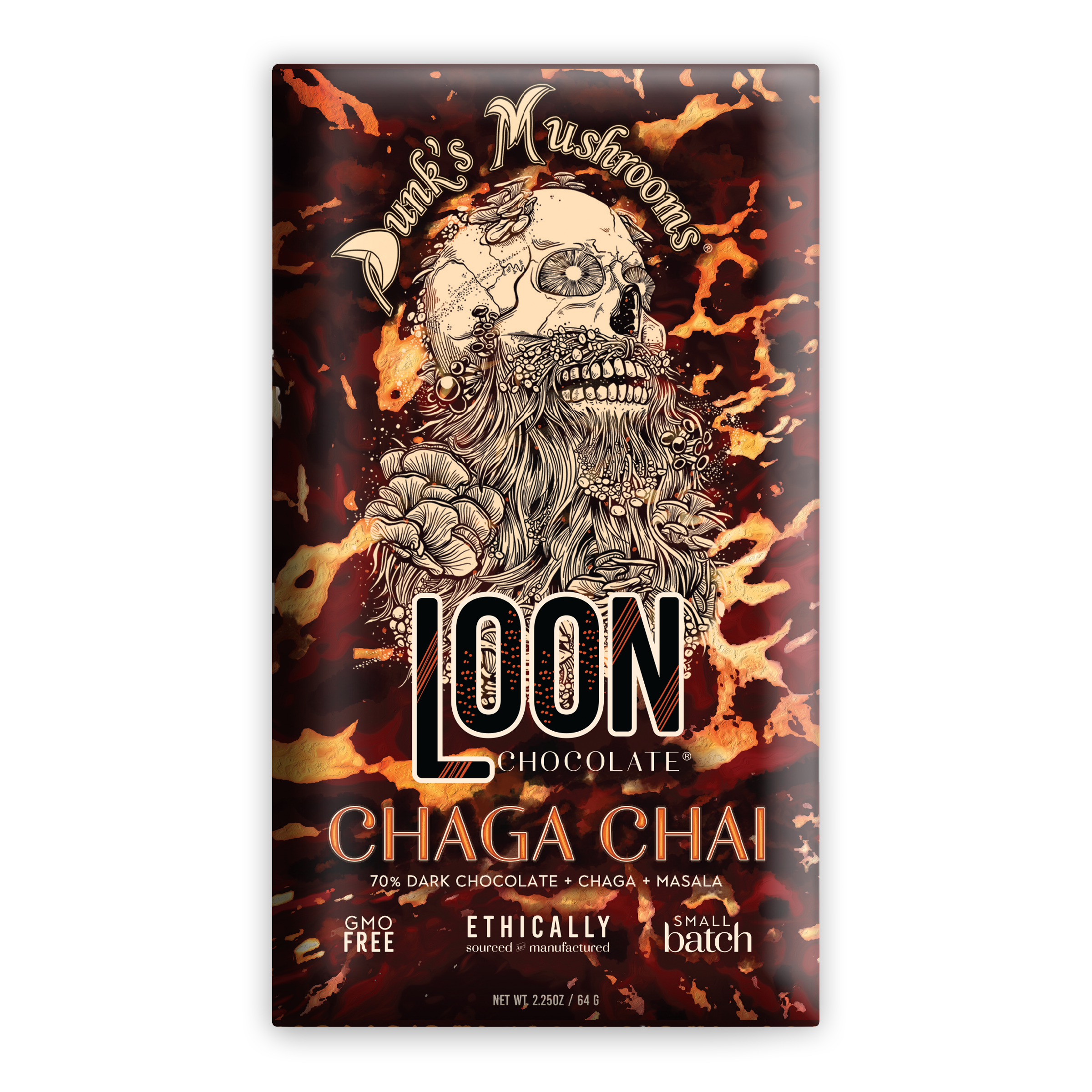 Loon Chocolate Dark w/ Chaga Chai 70% bar in skull mushroom wrapper