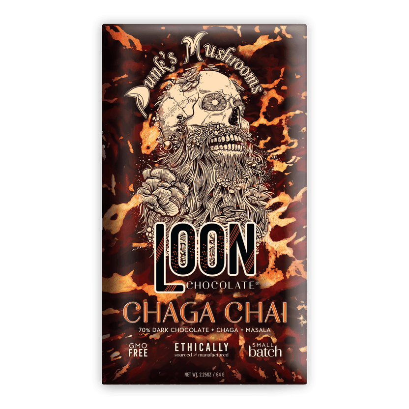 Loon Chocolate Dark w/ Chaga Chai 70% bar in skull mushroom wrapper