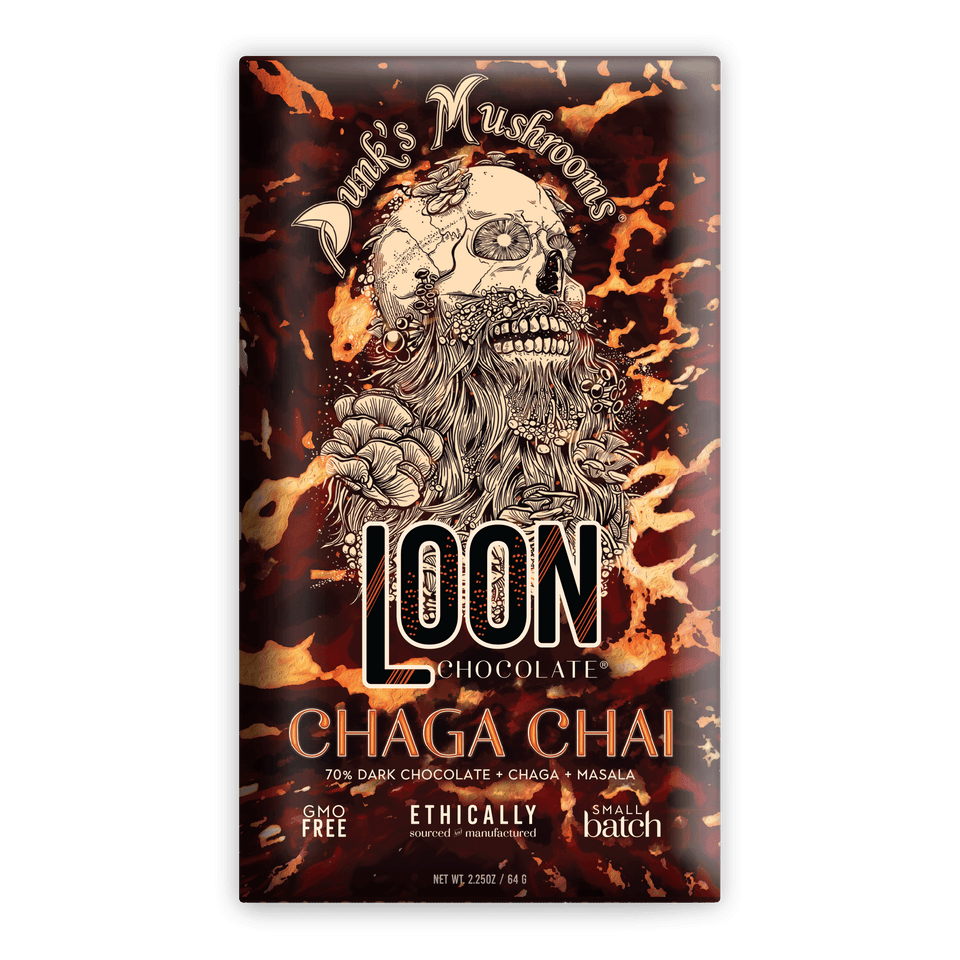 Loon Chocolate Dark w/ Chaga Chai 70% bar in skull mushroom wrapper