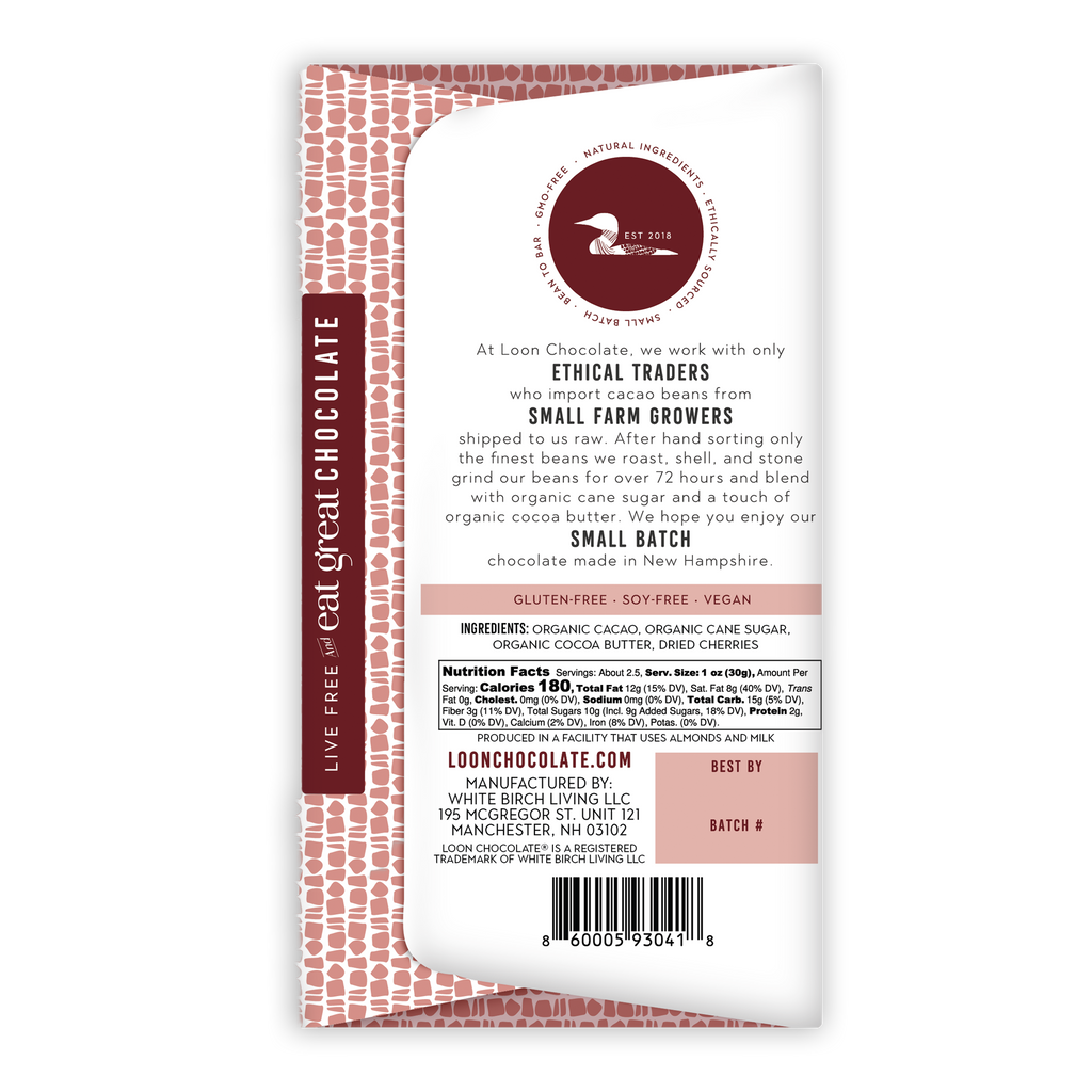 Loon Chocolate Dark w/ Dried Cherry 70% bar wrapper with maroon pink pattern