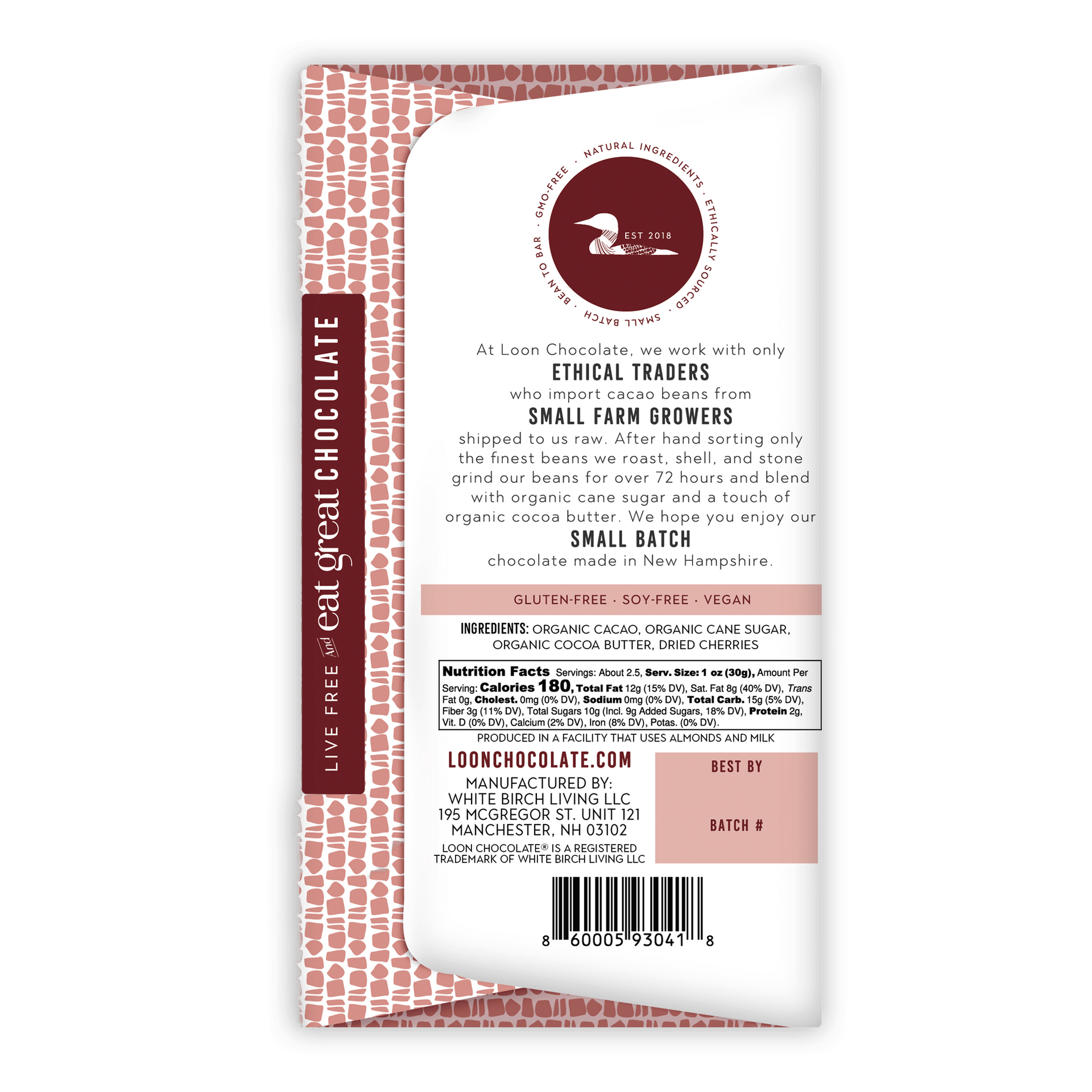 Loon Chocolate Dark w/ Dried Cherry 70% bar wrapper with maroon pink pattern