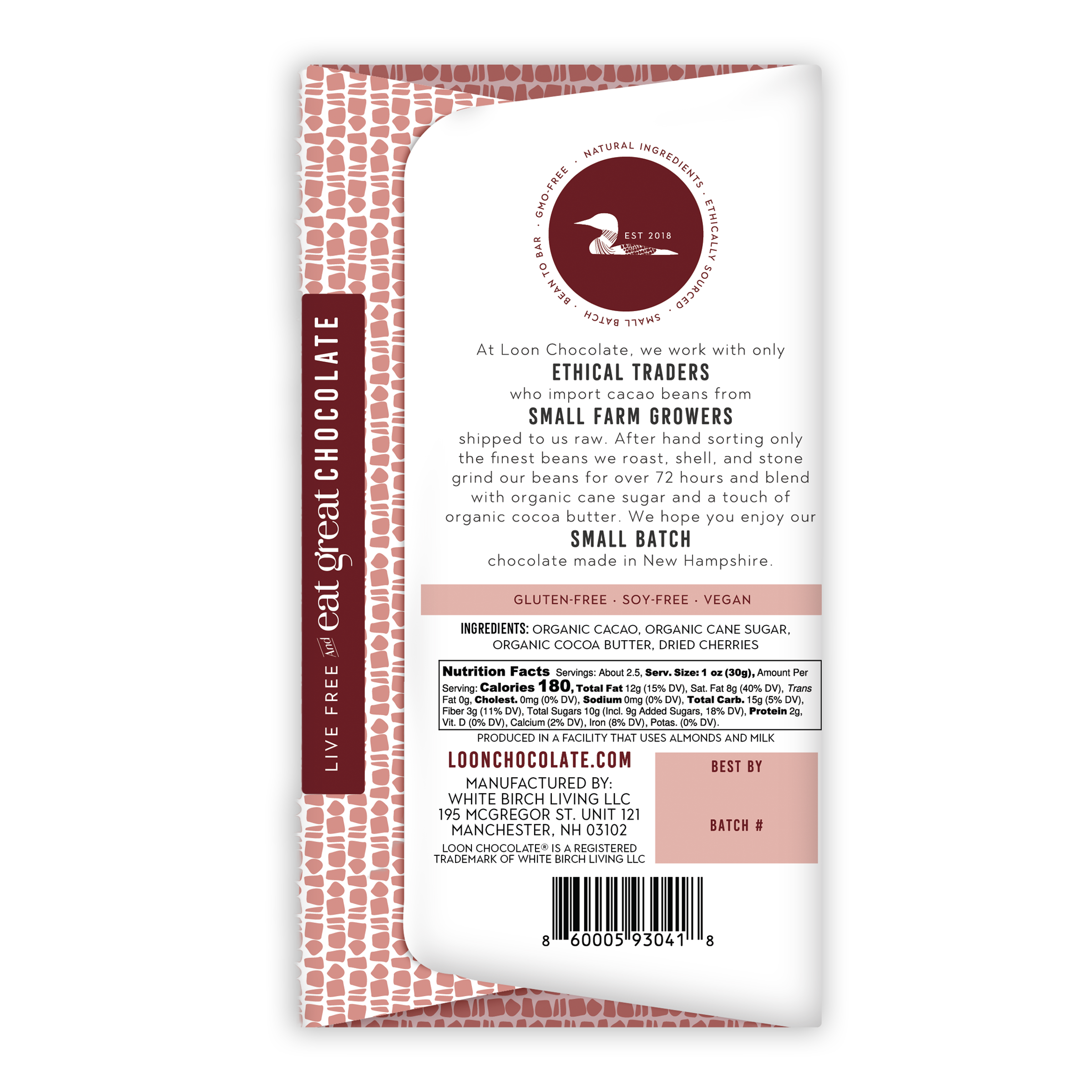 Loon Chocolate Dark w/ Dried Cherry 70% bar wrapper with maroon pink pattern
