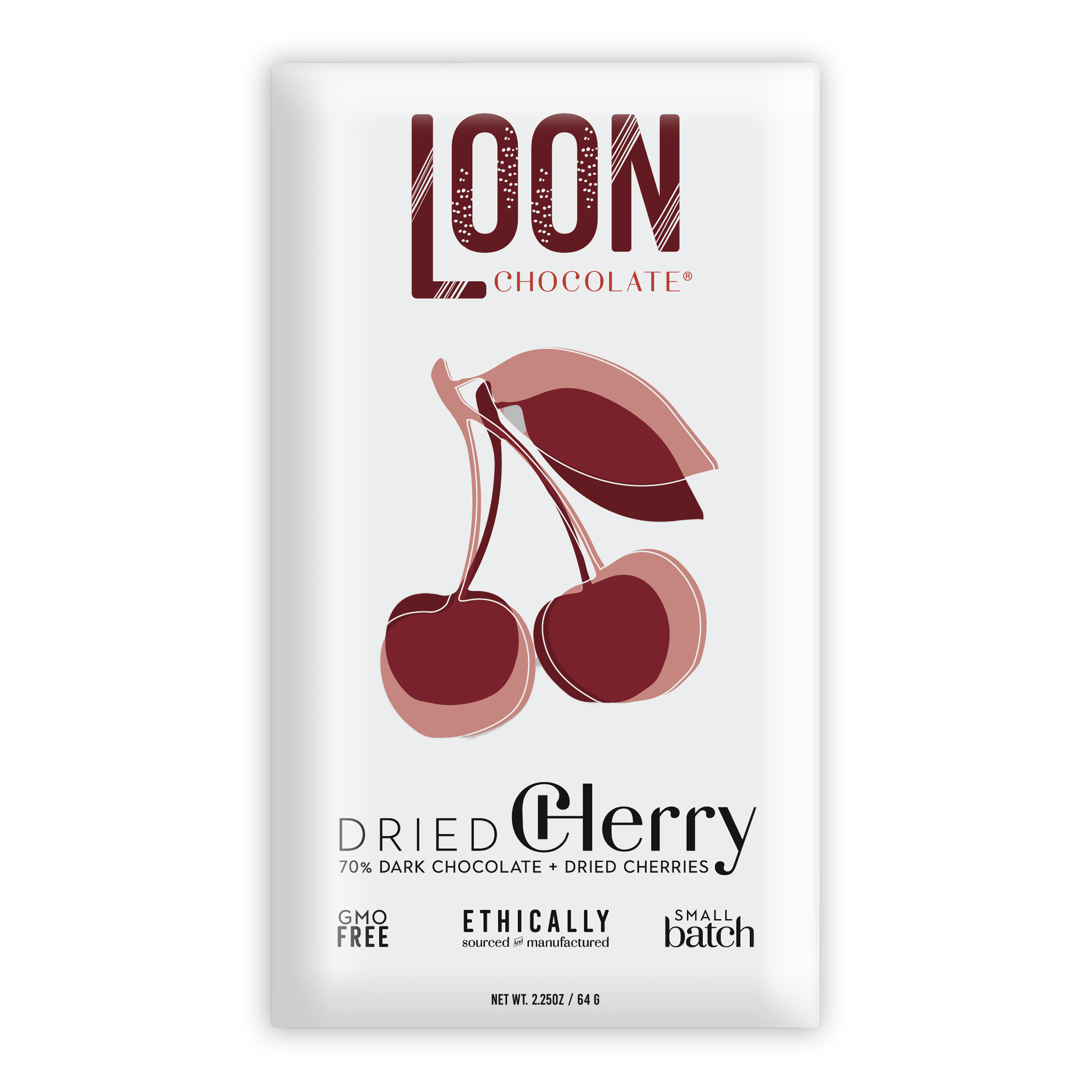 Loon Chocolate Dark w/ Dried Cherry 70% bar with cherry illustration