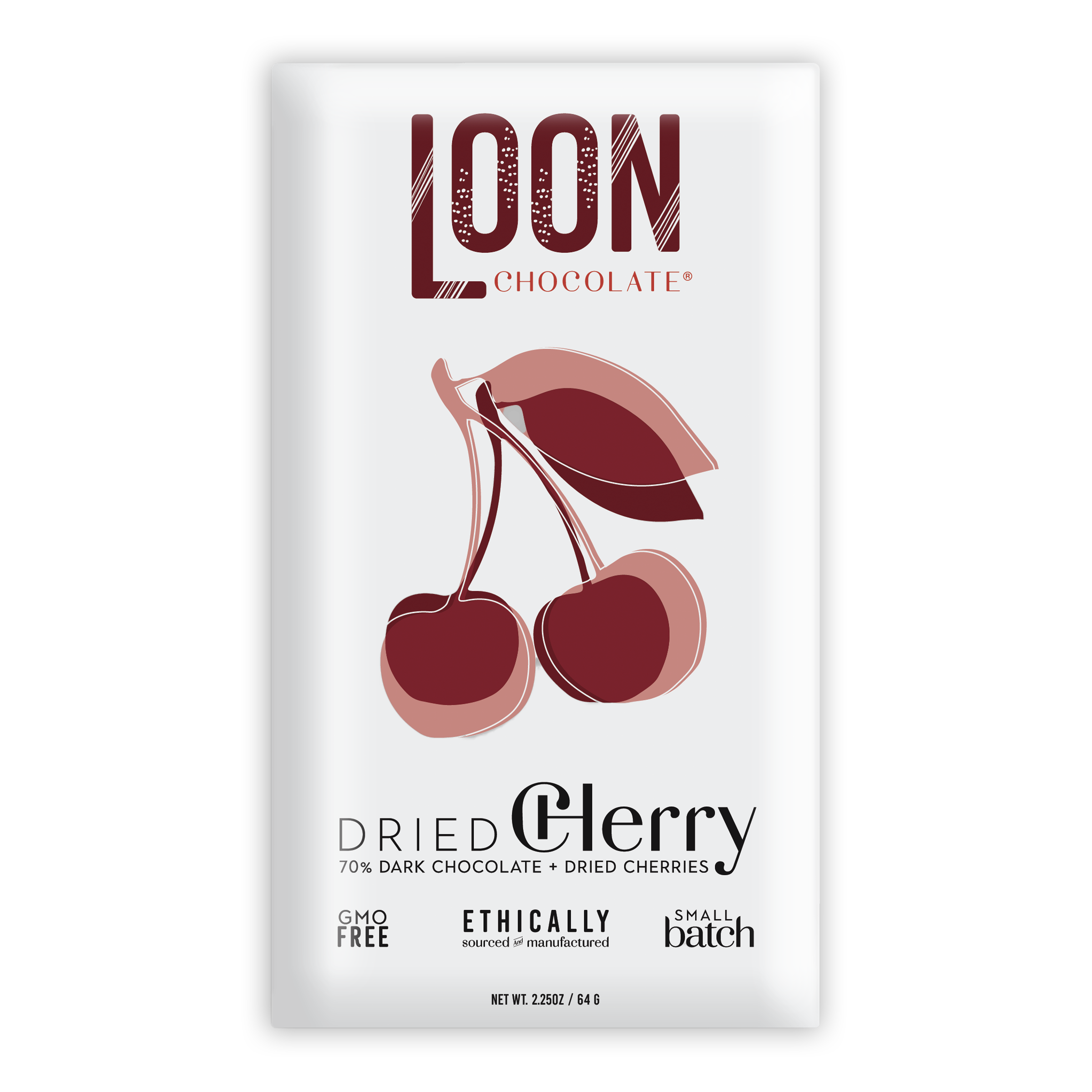Loon Chocolate Dark w/ Dried Cherry 70% bar with cherry illustration