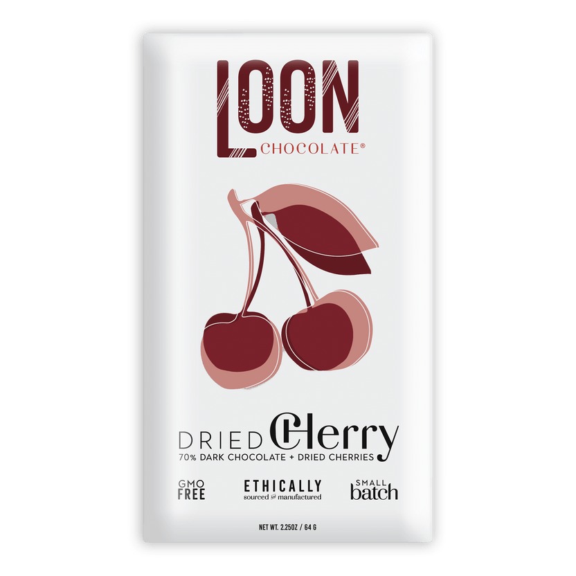 Loon Chocolate Dark w/ Dried Cherry 70% bar with cherry illustration