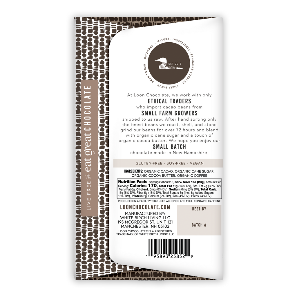 Loon Chocolate Dark w/ Coffee 70% bar with white-brown wrap and black geometric patterns