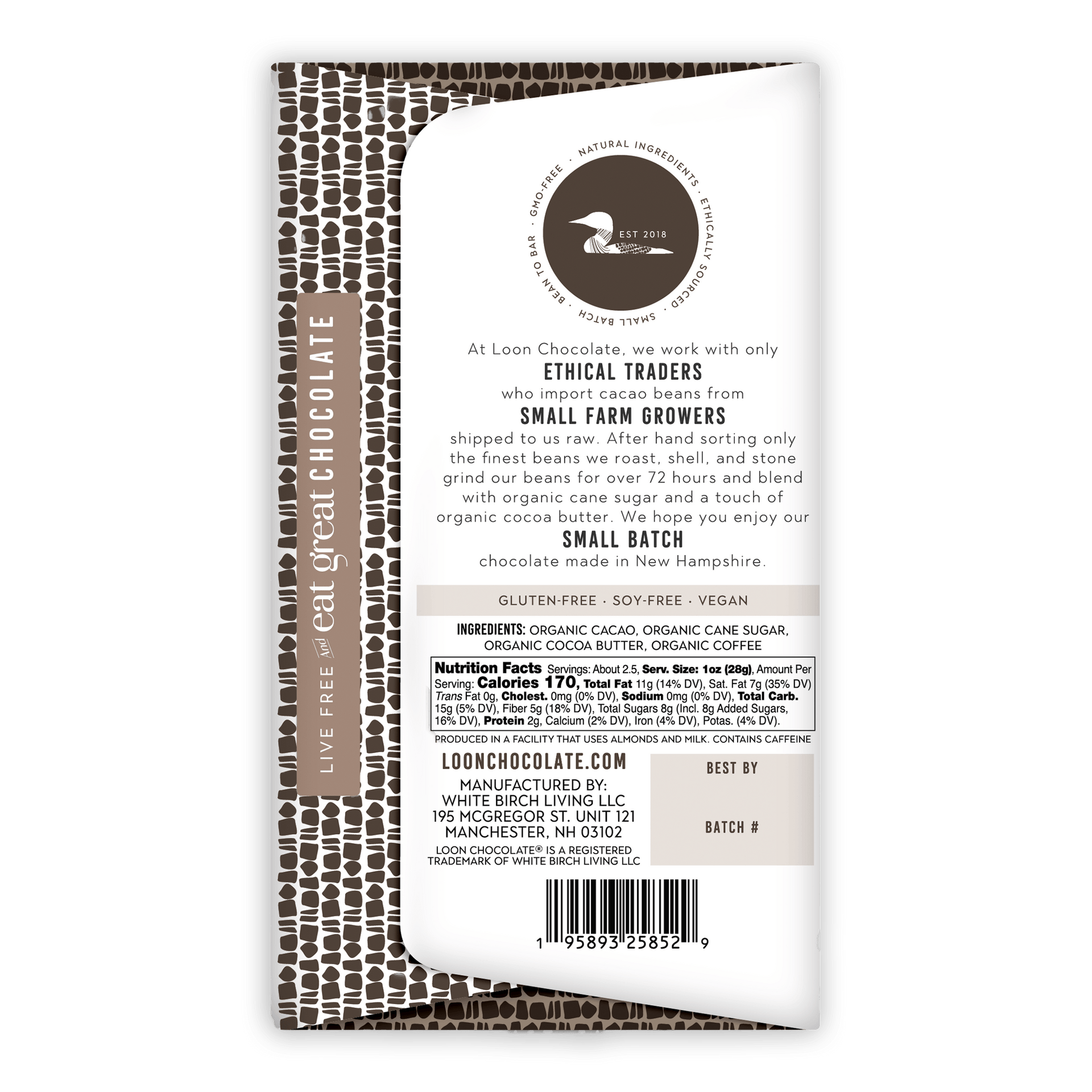 Loon Chocolate Dark w/ Coffee 70% bar with white-brown wrap and black geometric patterns