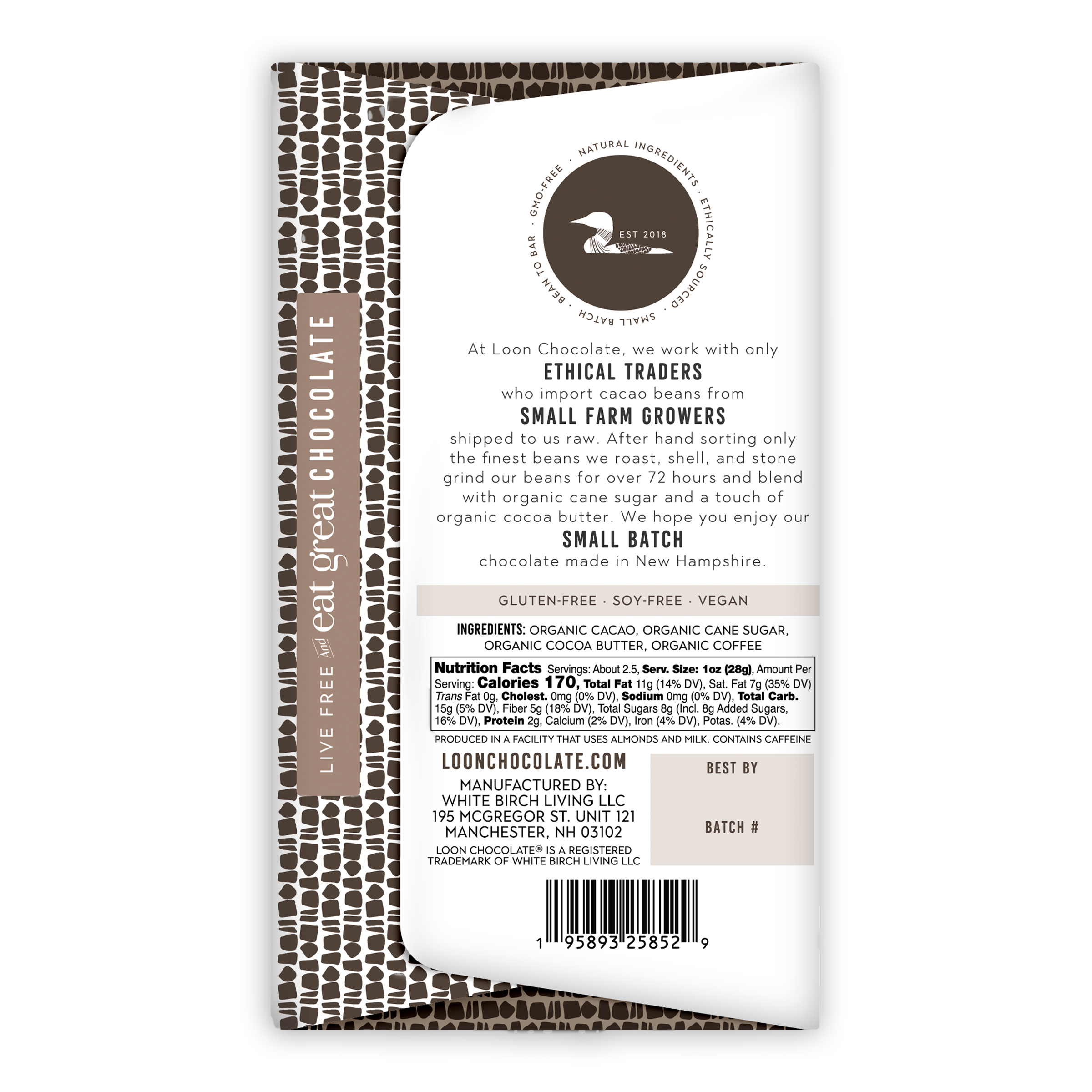 Loon Chocolate Dark w/ Coffee 70% bar with white-brown wrap and black geometric patterns