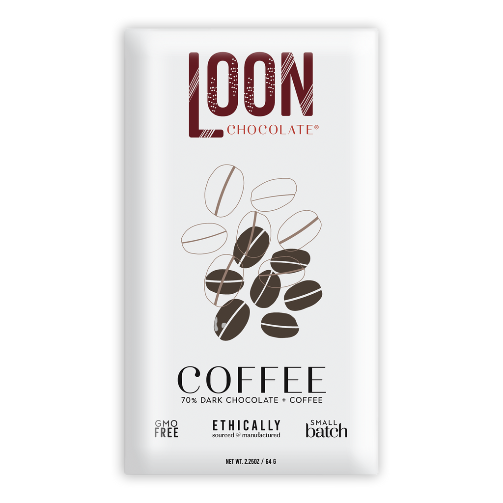 Loon Chocolate 70% dark coffee bar in sleek white wrapper