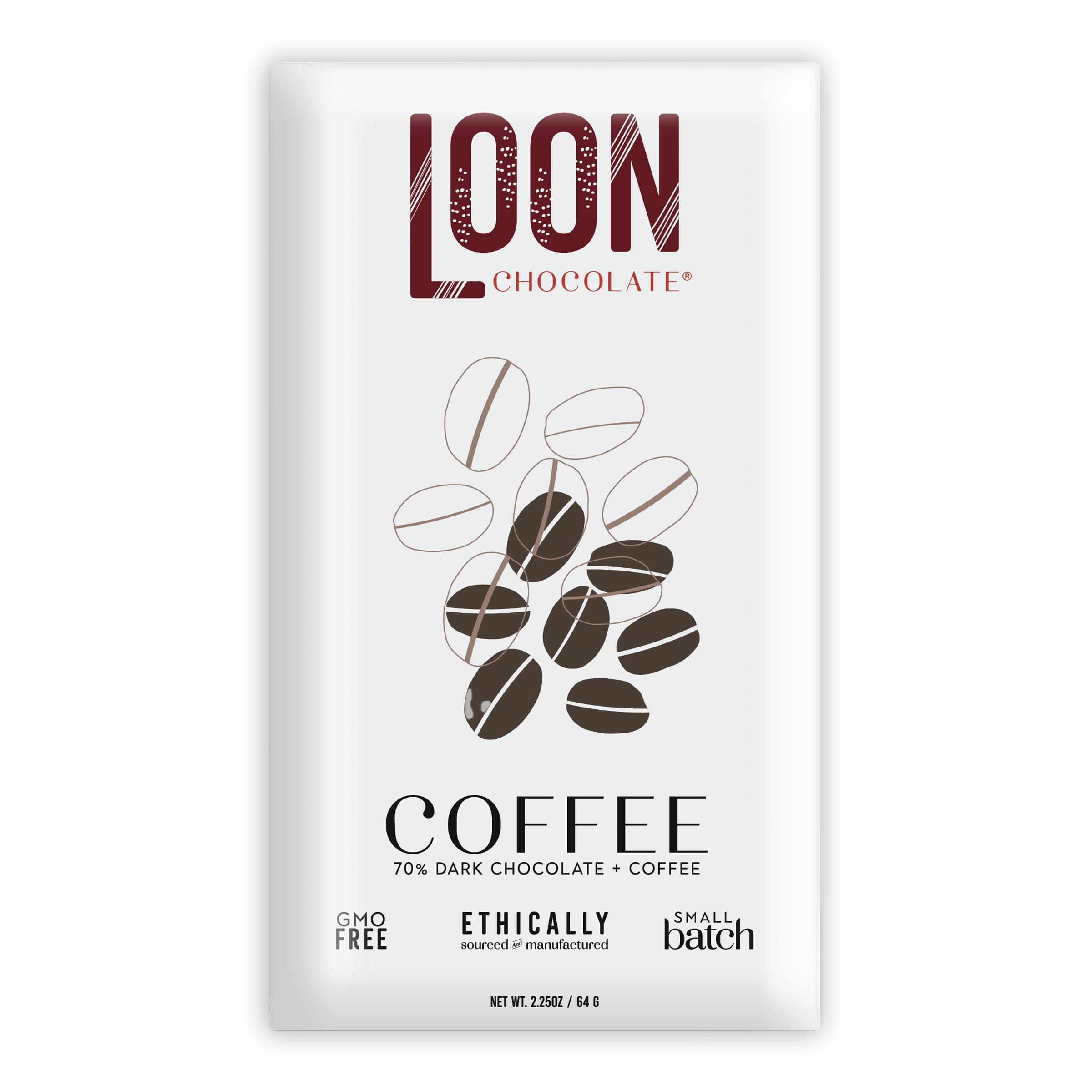 Loon Chocolate 70% dark coffee bar in sleek white wrapper