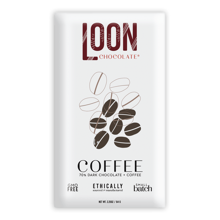 Loon Chocolate 70% dark coffee bar in sleek white wrapper