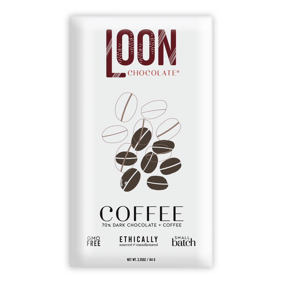 Loon Chocolate 70% dark coffee bar in sleek white wrapper