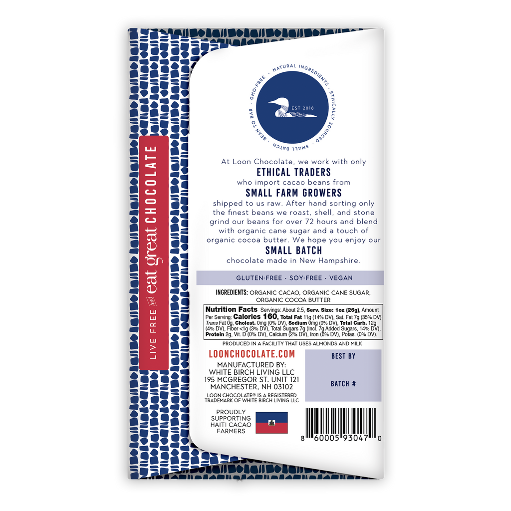 Loon Chocolate Dark Haiti 72% wrapper with ethical sourcing text