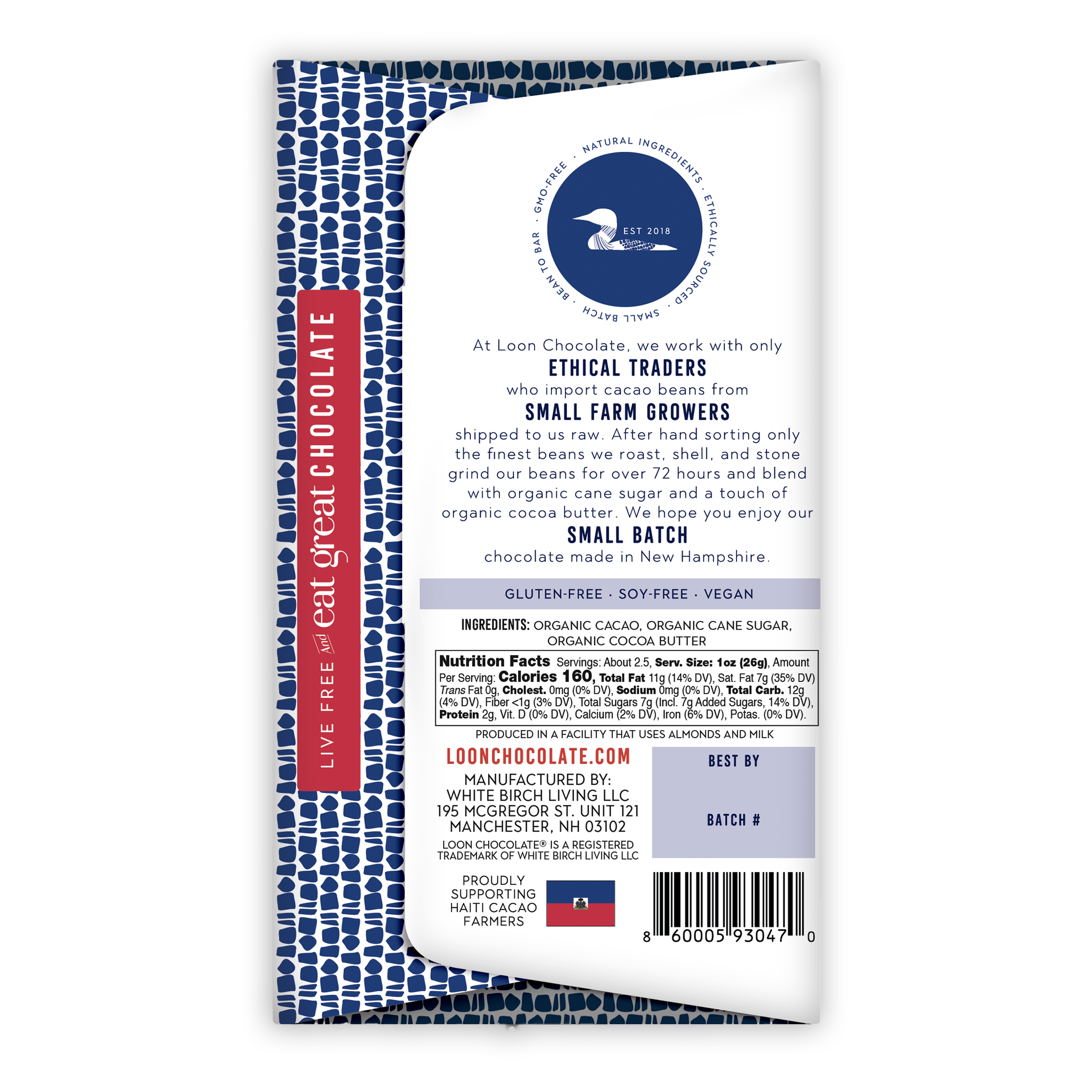 Loon Chocolate Dark Haiti 72% wrapper with ethical sourcing text