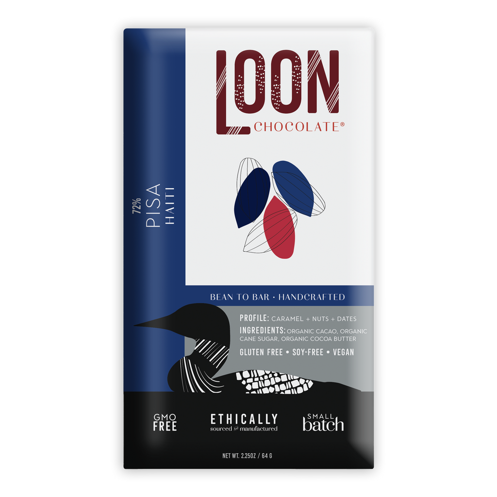 Loon Chocolate Dark Haiti 72% Pisa bar in sleek white blue black package