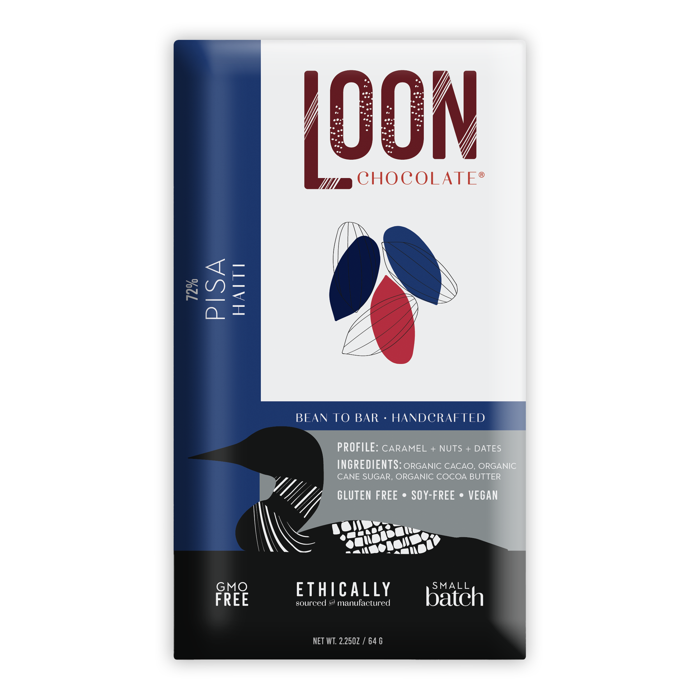 Loon Chocolate Dark Haiti 72% Pisa bar in sleek white blue black package