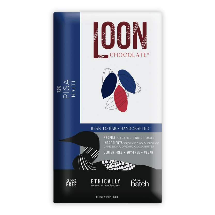 Loon Chocolate Dark Haiti 72% Pisa bar in sleek white blue black package