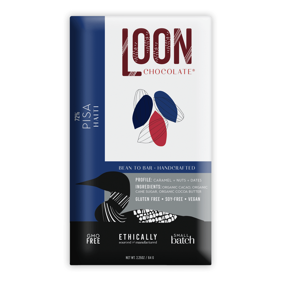 Loon Chocolate Dark Haiti 72% Pisa bar in sleek white blue black package