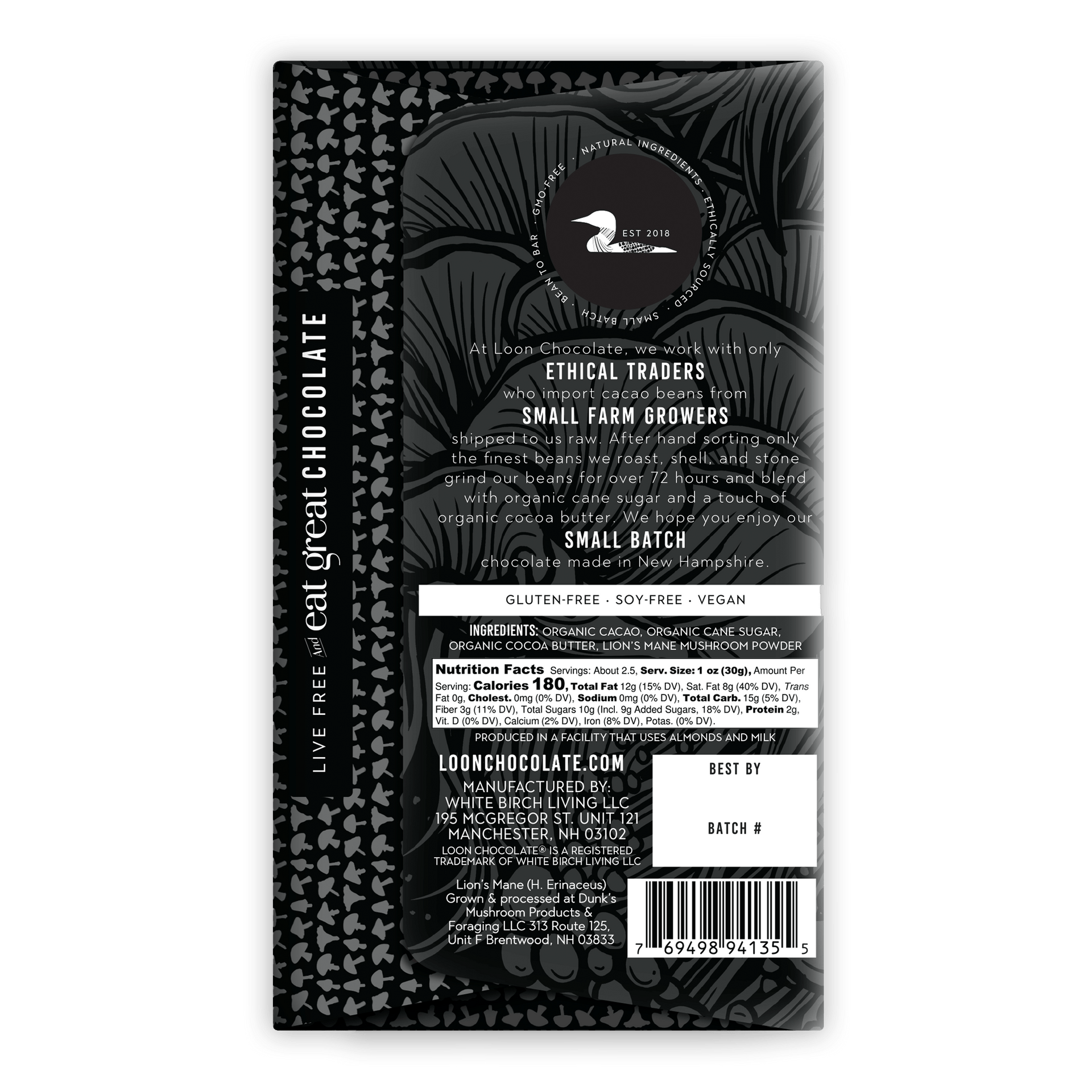Loon Chocolate Dark w/ Lions Mane 70% black and white wrapper with leaf patterns, bird logo, ethical sourcing text
