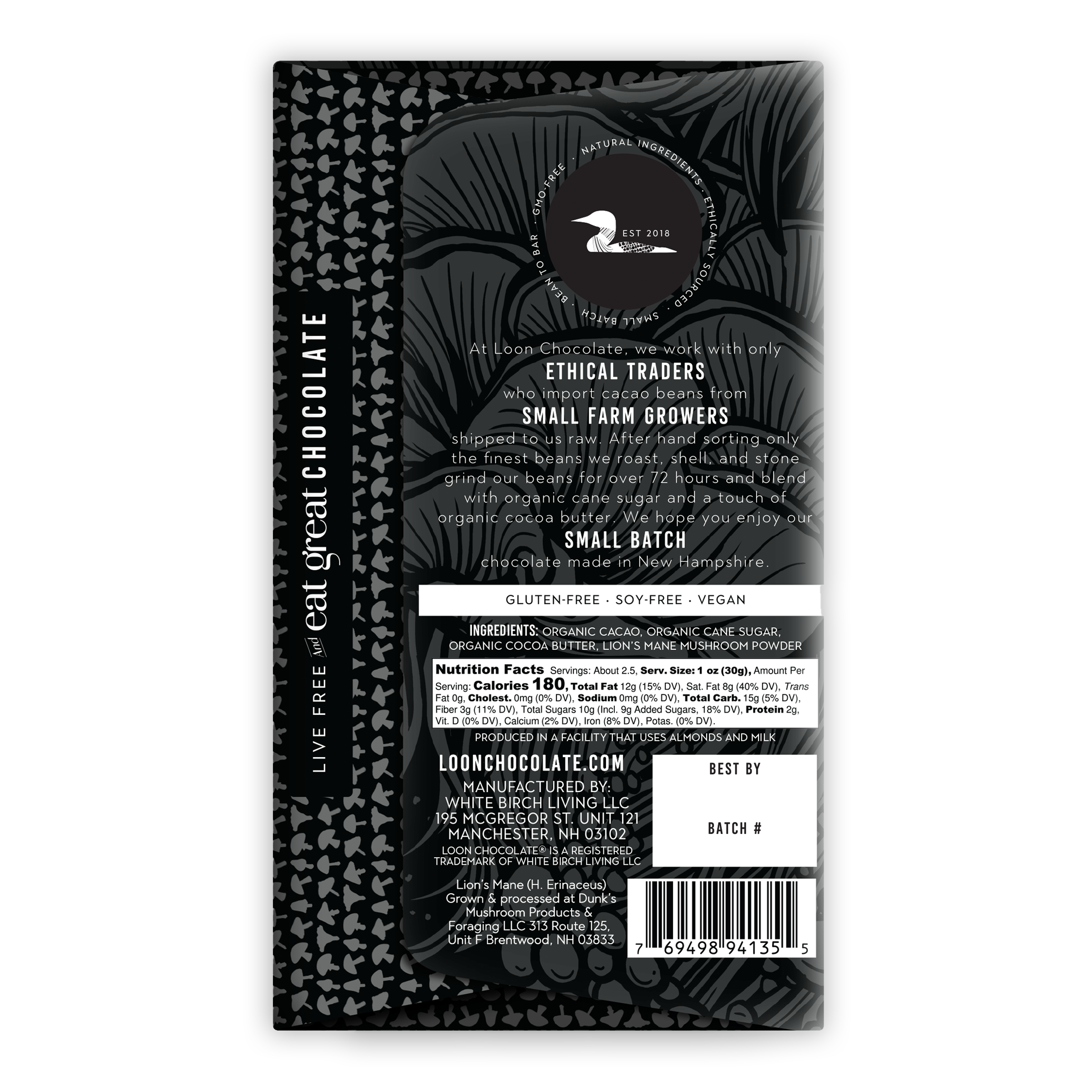 Loon Chocolate Dark w/ Lions Mane 70% black and white wrapper with leaf patterns, bird logo, ethical sourcing text