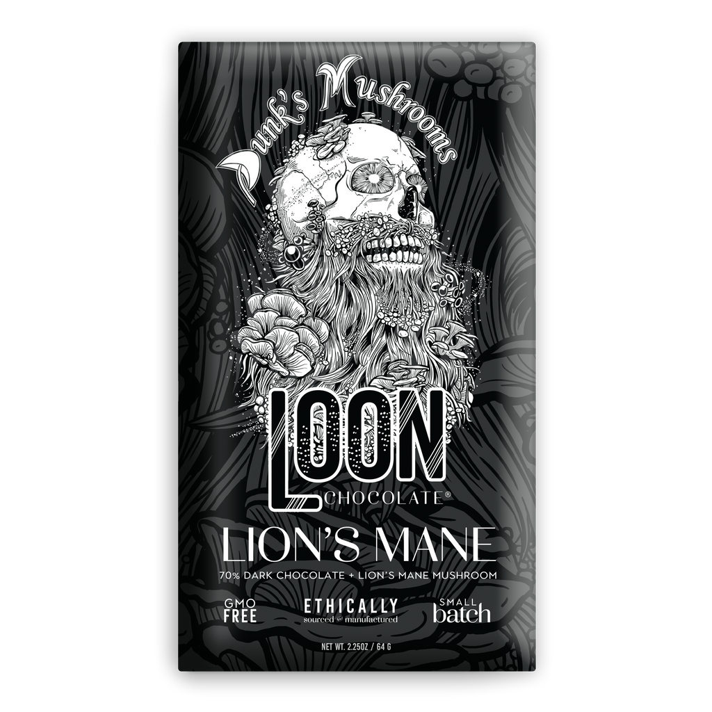 Loon Chocolate Lion’s Mane 70% dark chocolate bar wrapper with skull and mushrooms