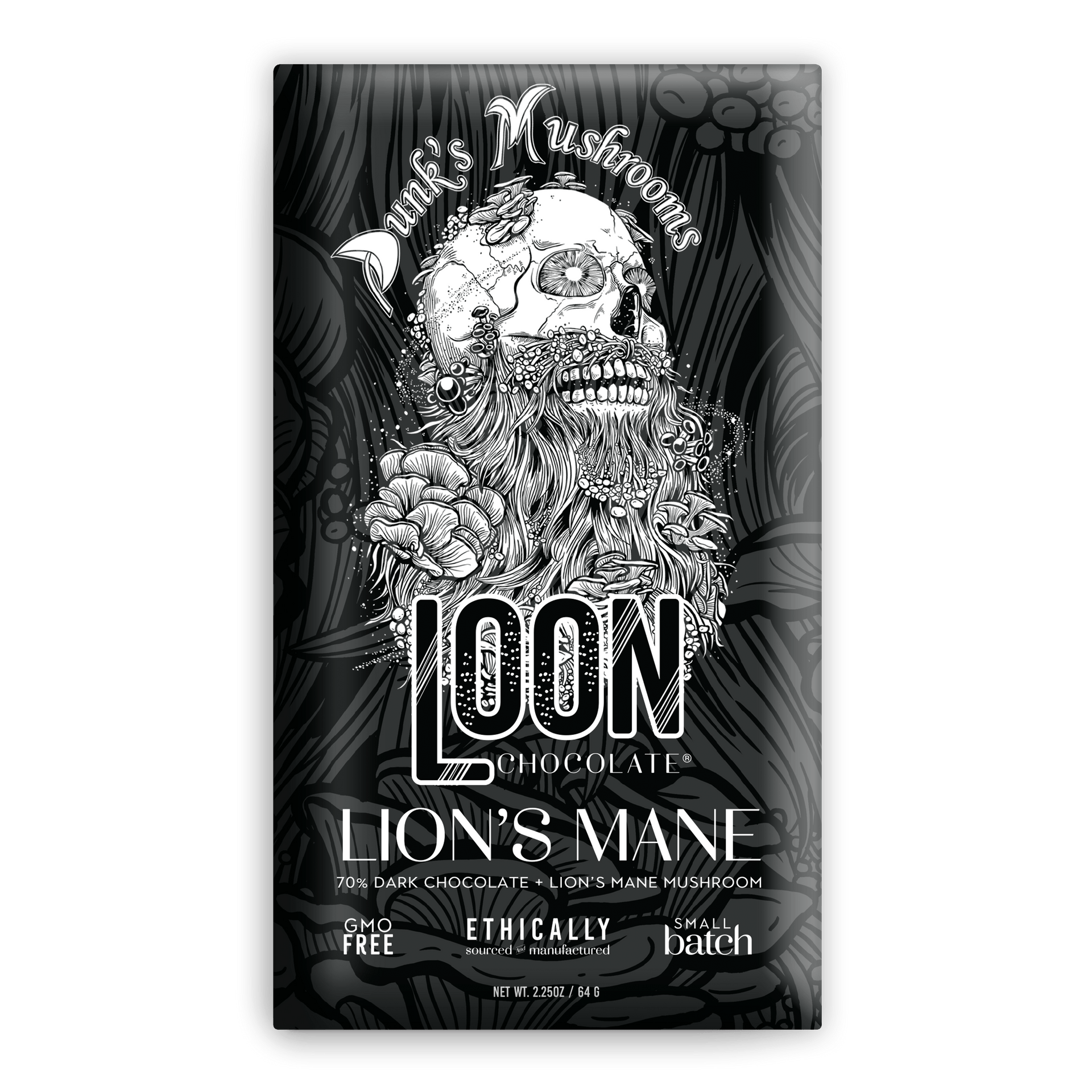 Loon Chocolate Lion’s Mane 70% dark chocolate bar wrapper with skull and mushrooms