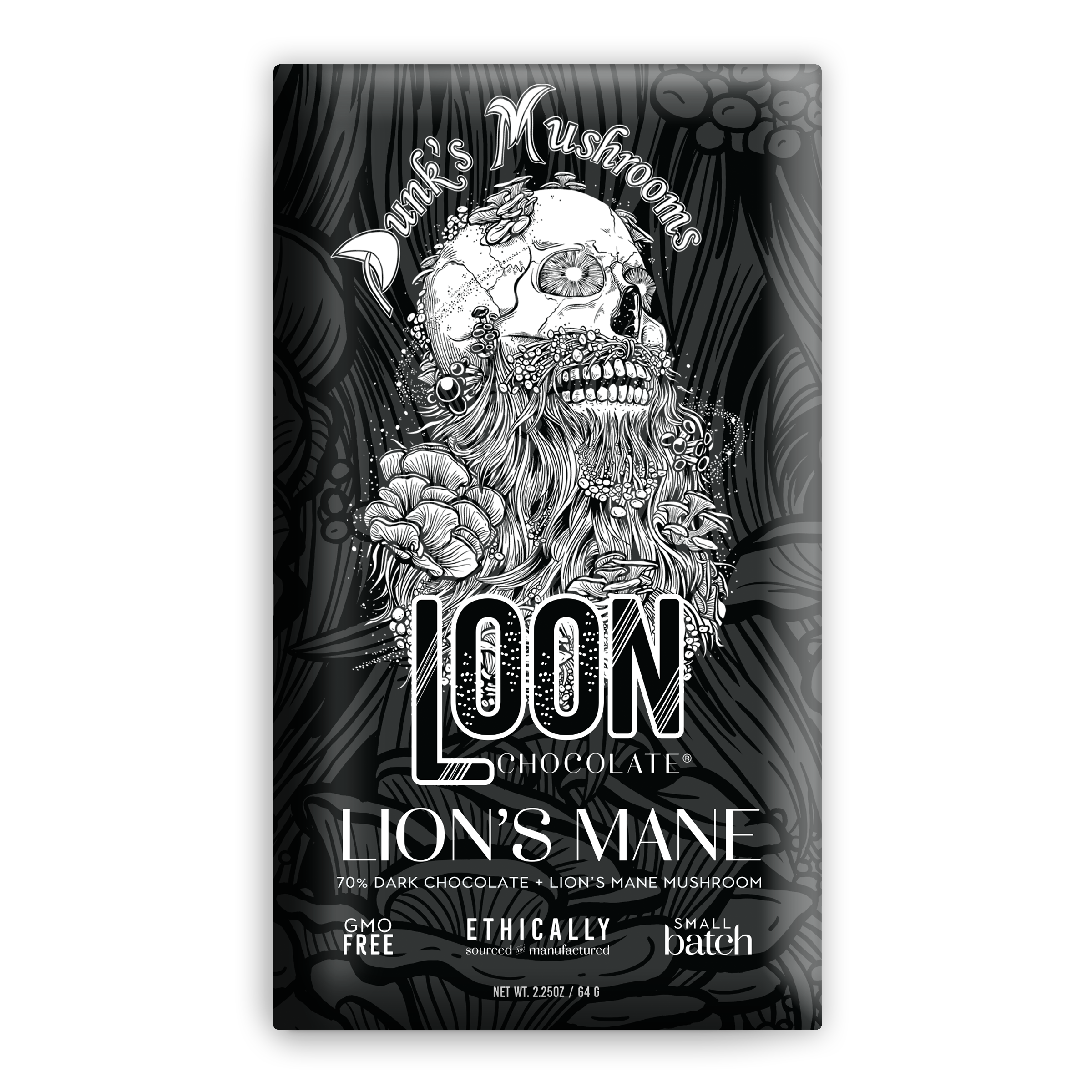 Loon Chocolate Lion’s Mane 70% dark chocolate bar wrapper with skull and mushrooms