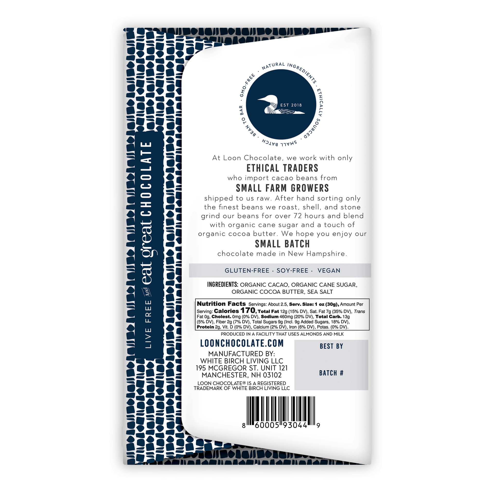 Loon Chocolate Dark w/ Maine Sea Salt 70% white wrapper, bird logo, gluten/soy/vegan-free