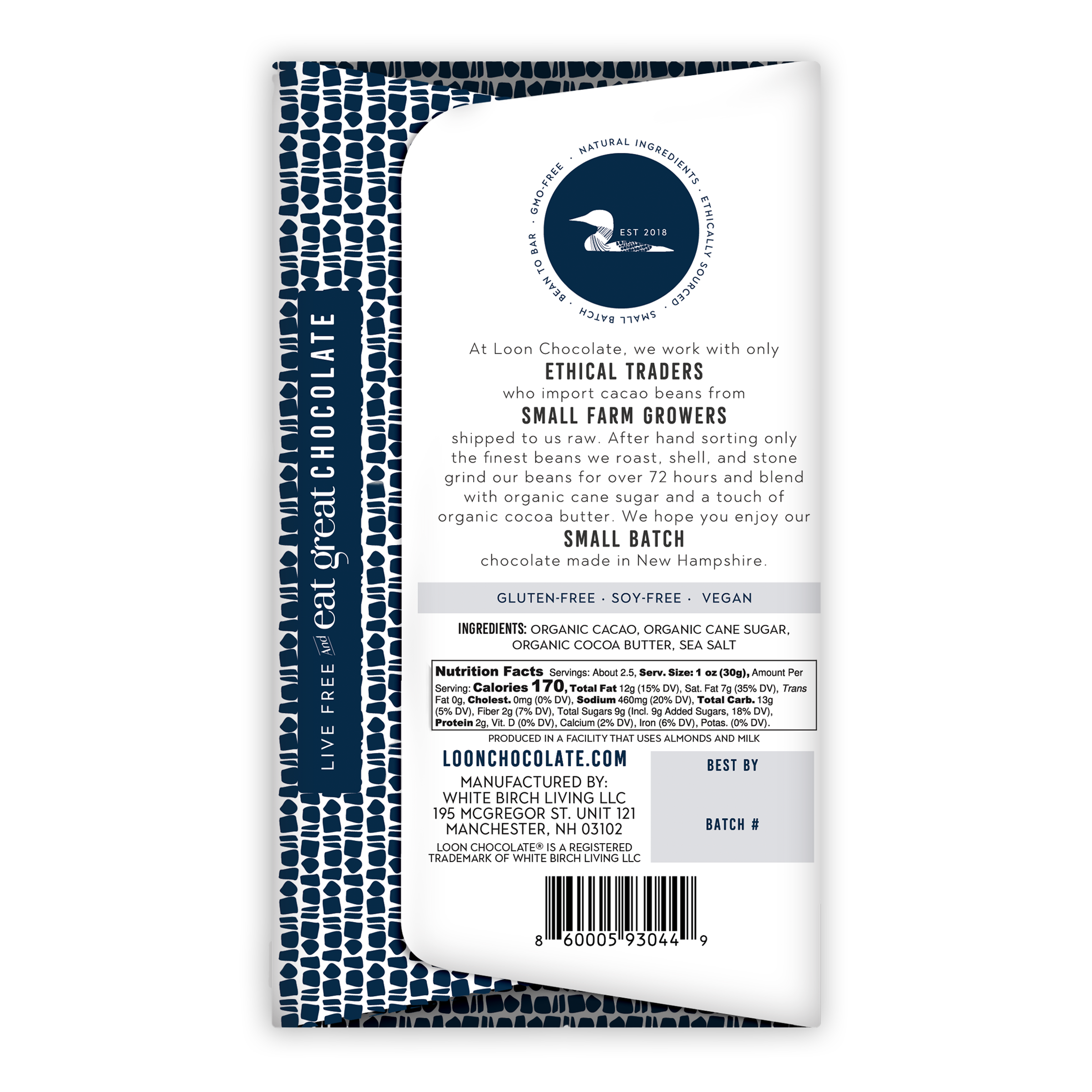 Loon Chocolate Dark w/ Maine Sea Salt 70% white wrapper, bird logo, gluten/soy/vegan-free