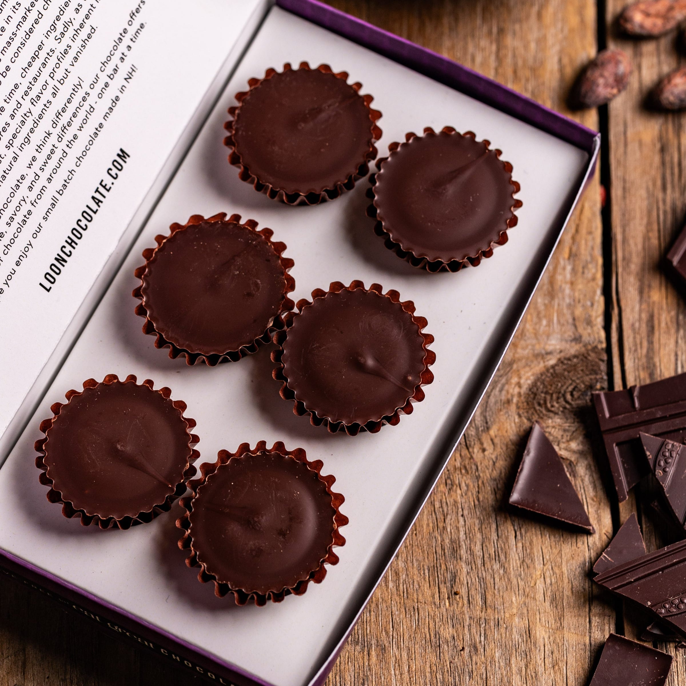 Loon Chocolate Dark Peanut Butter Cups 70% in white purple box