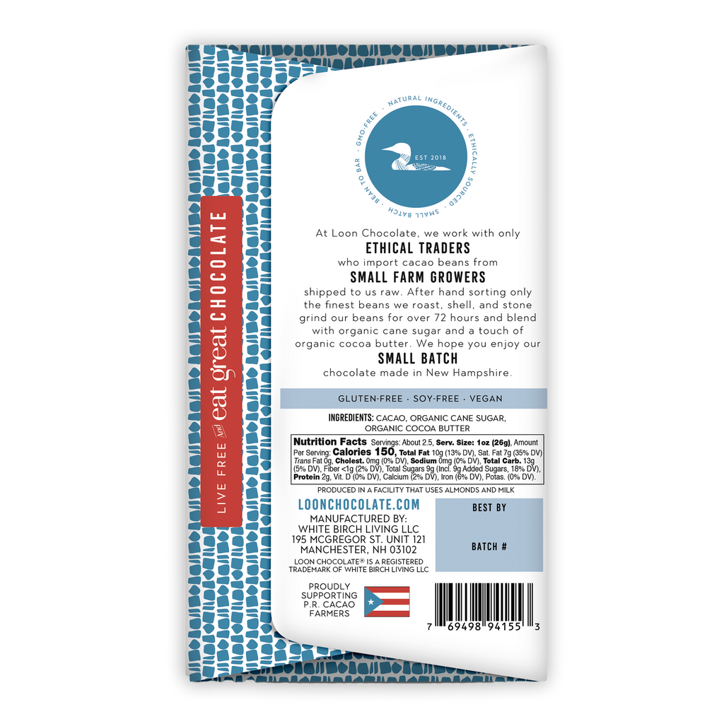 Loon Chocolate Dark Puerto Rico 65% bar wrapper with blue border
