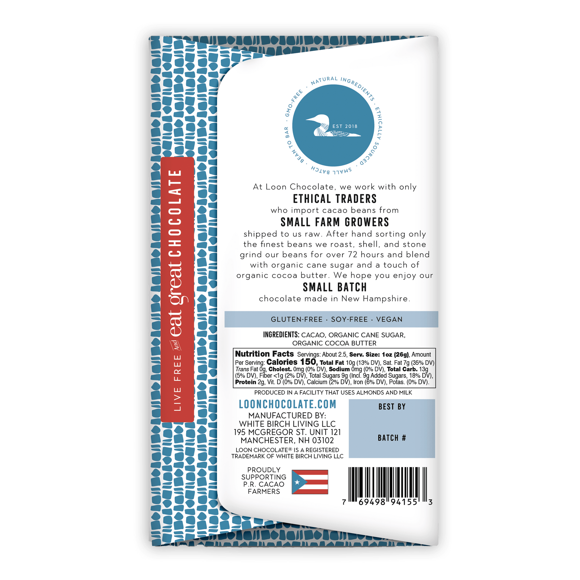 Loon Chocolate Dark Puerto Rico 65% bar wrapper with blue border