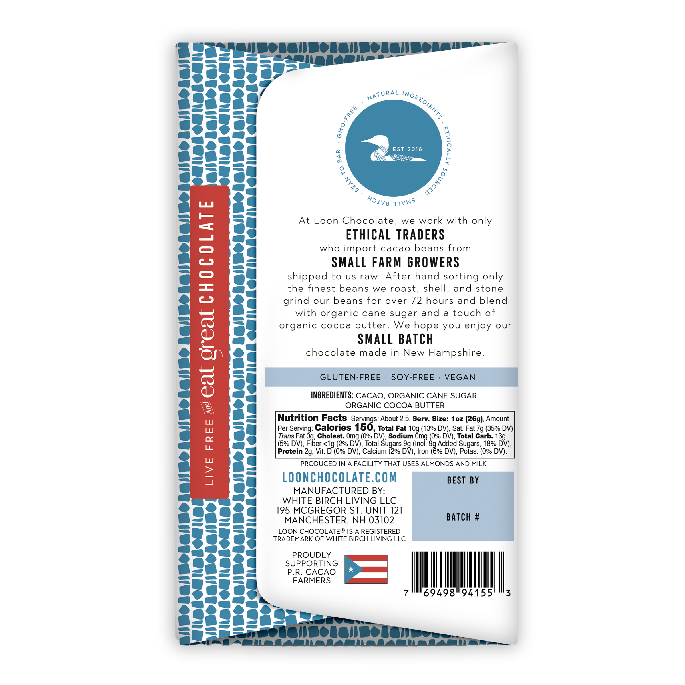 Loon Chocolate Dark Puerto Rico 65% bar wrapper with blue border