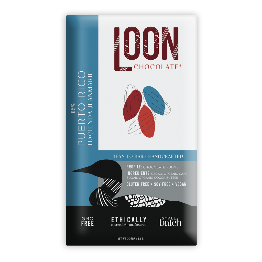Loon Chocolate 65% Puerto Rico Hacienda Jeanmarie bar in teal wrapper