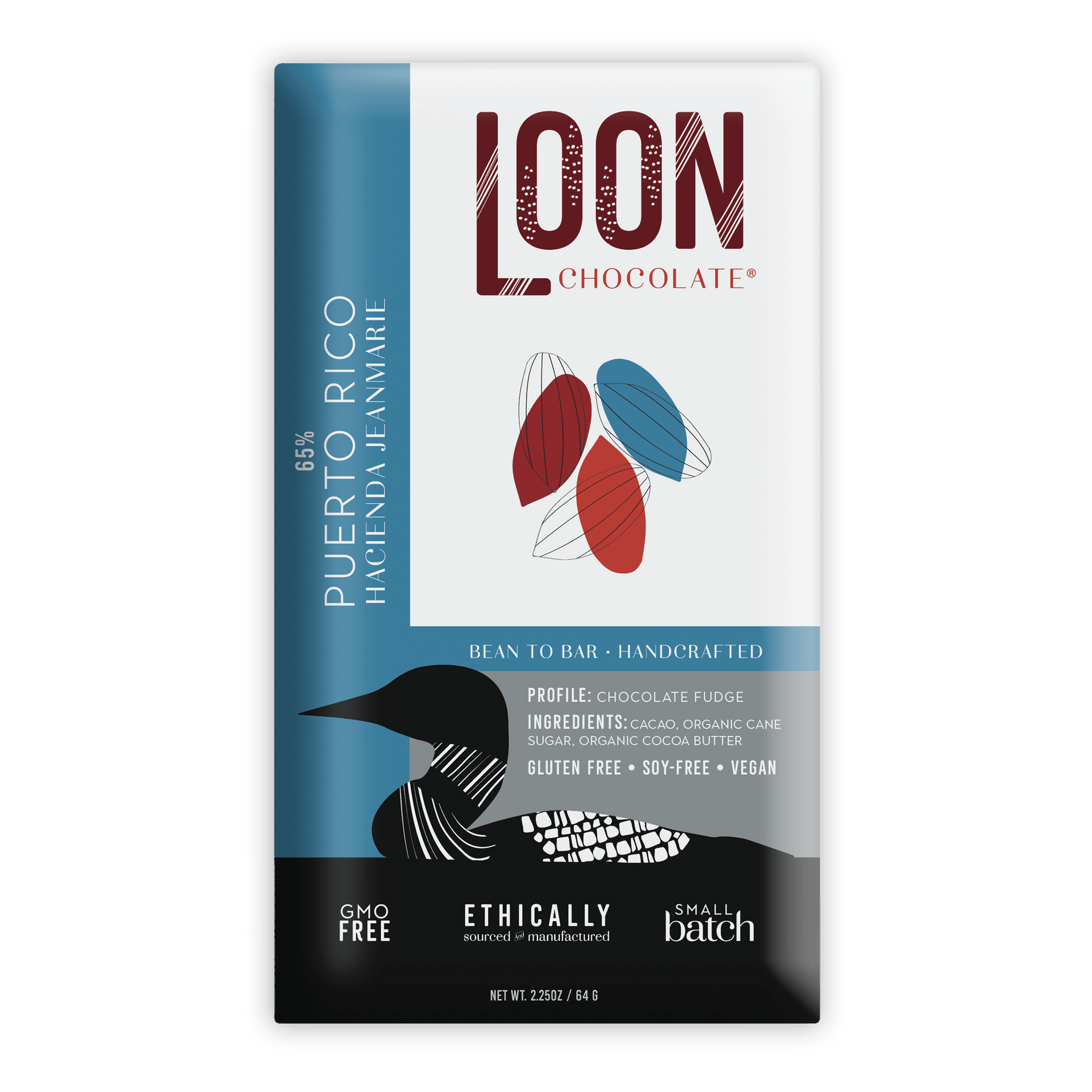 Loon Chocolate 65% Puerto Rico Hacienda Jeanmarie bar in teal wrapper