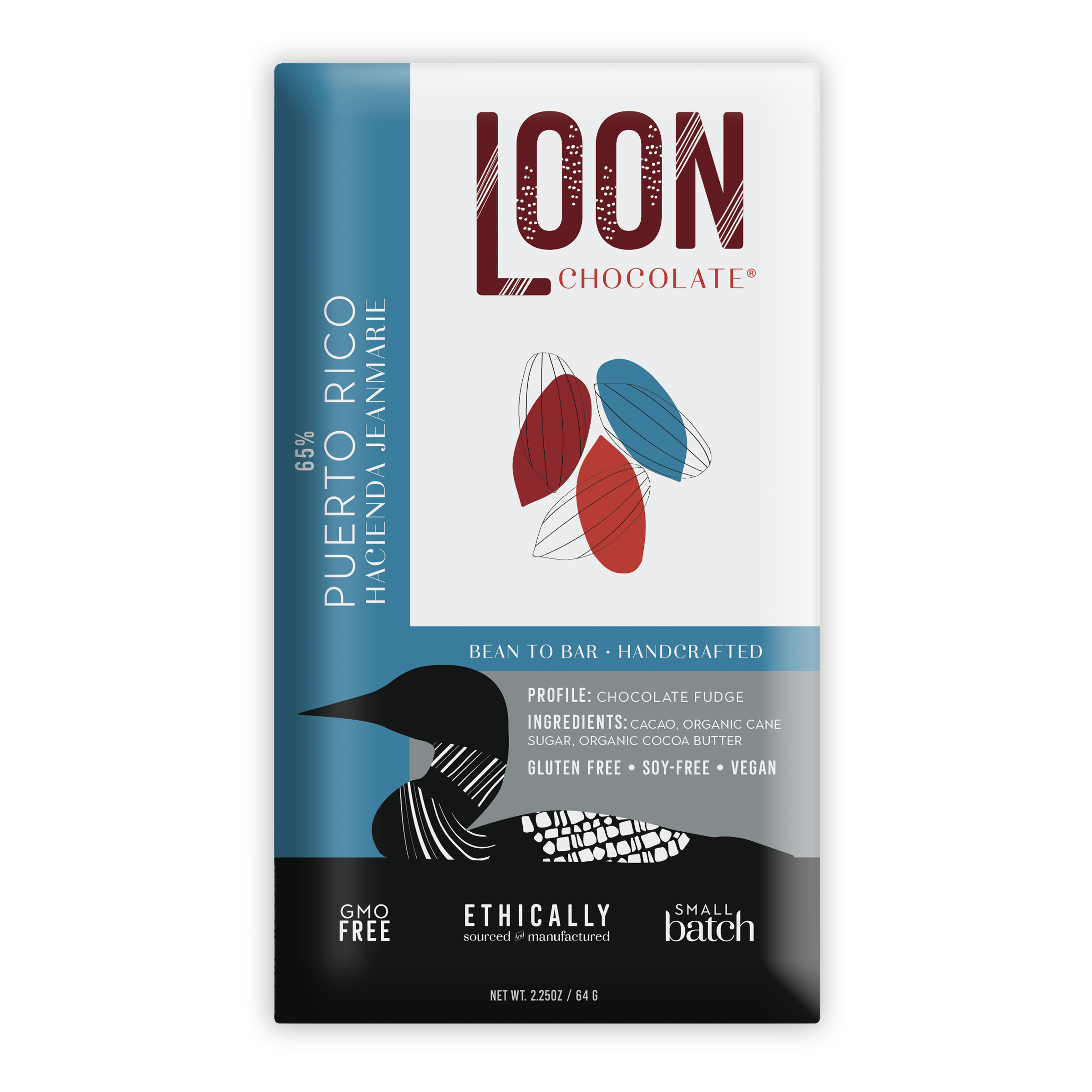 Loon Chocolate 65% Puerto Rico Hacienda Jeanmarie bar in teal wrapper