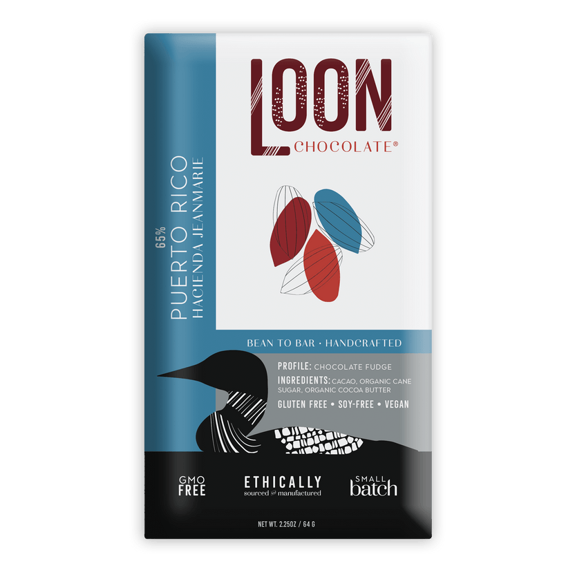 Loon Chocolate 65% Puerto Rico Hacienda Jeanmarie bar in teal wrapper