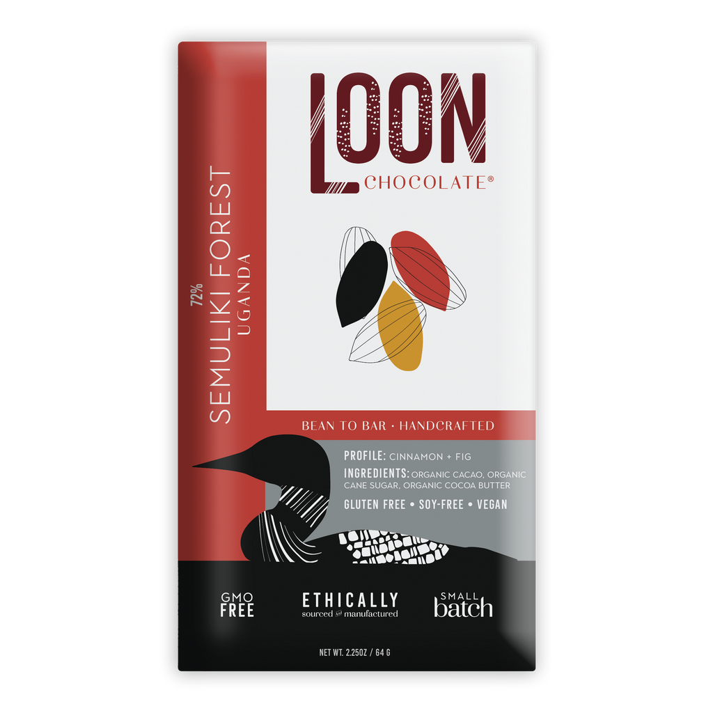 Loon Chocolate Dark Uganda 72% Semuliki Forest bar with red wrapper