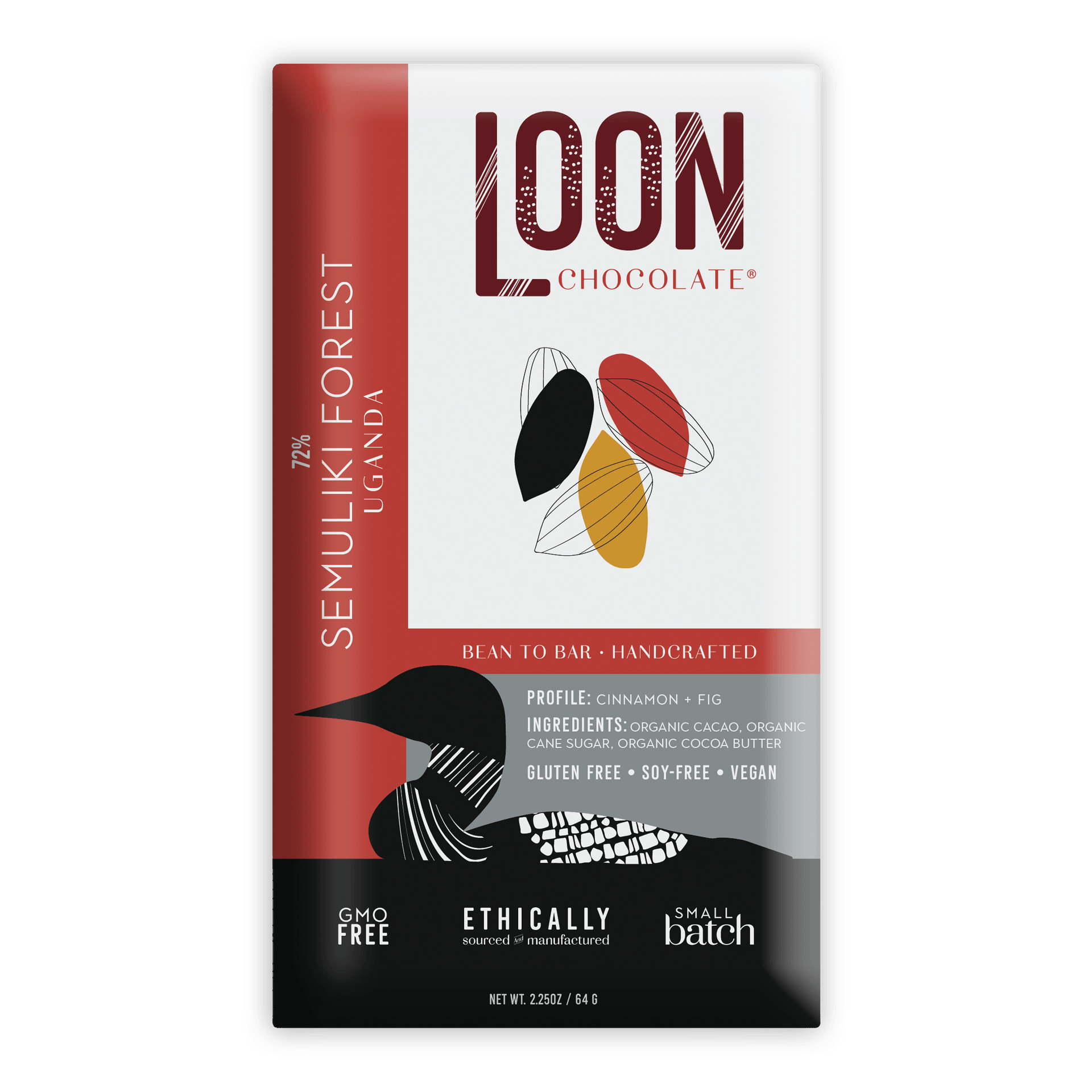 Loon Chocolate Dark Uganda 72% Semuliki Forest bar with red wrapper