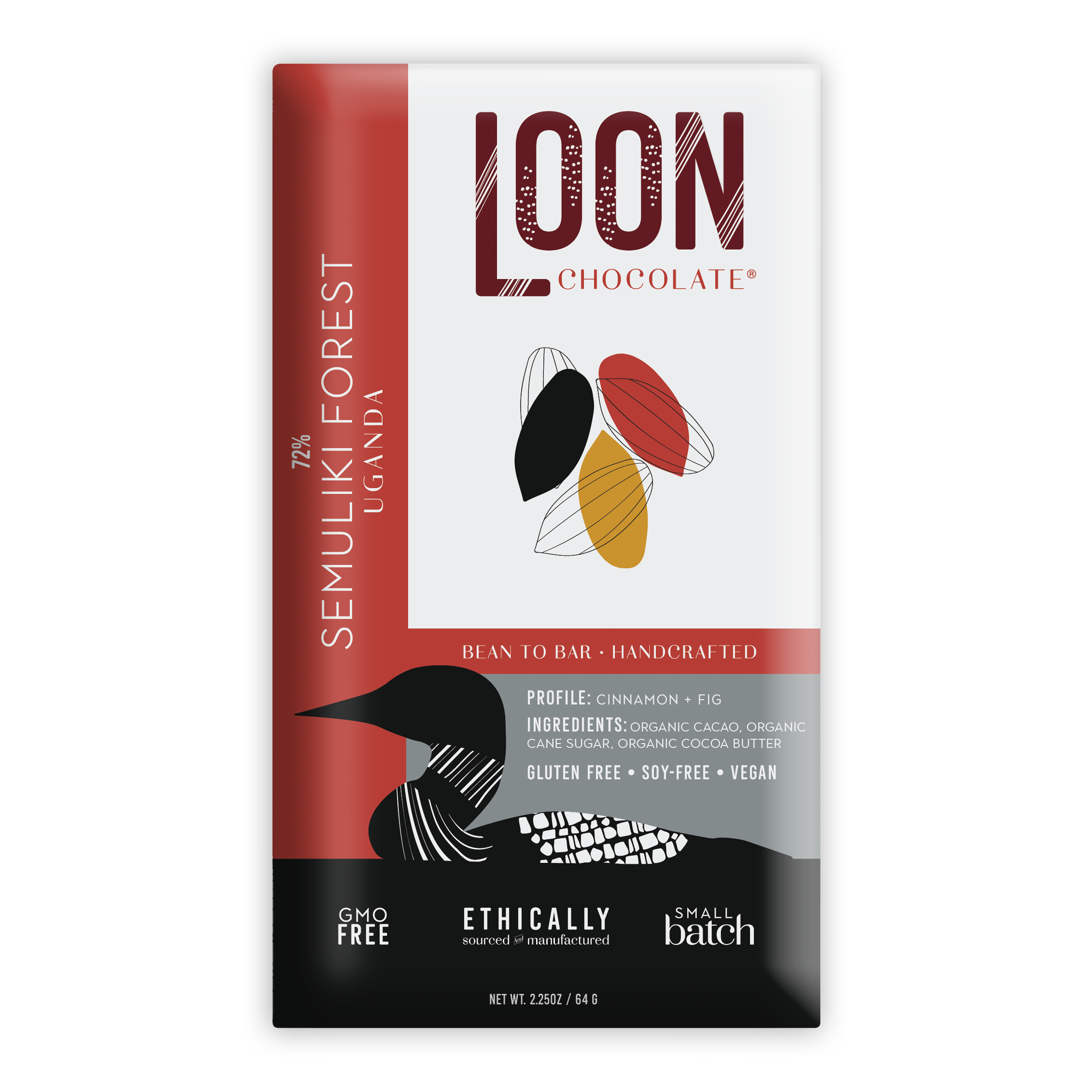 Loon Chocolate Dark Uganda 72% Semuliki Forest bar with red wrapper