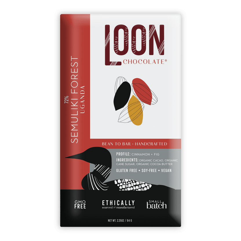 Loon Chocolate Dark Uganda 72% Semuliki Forest bar with red wrapper