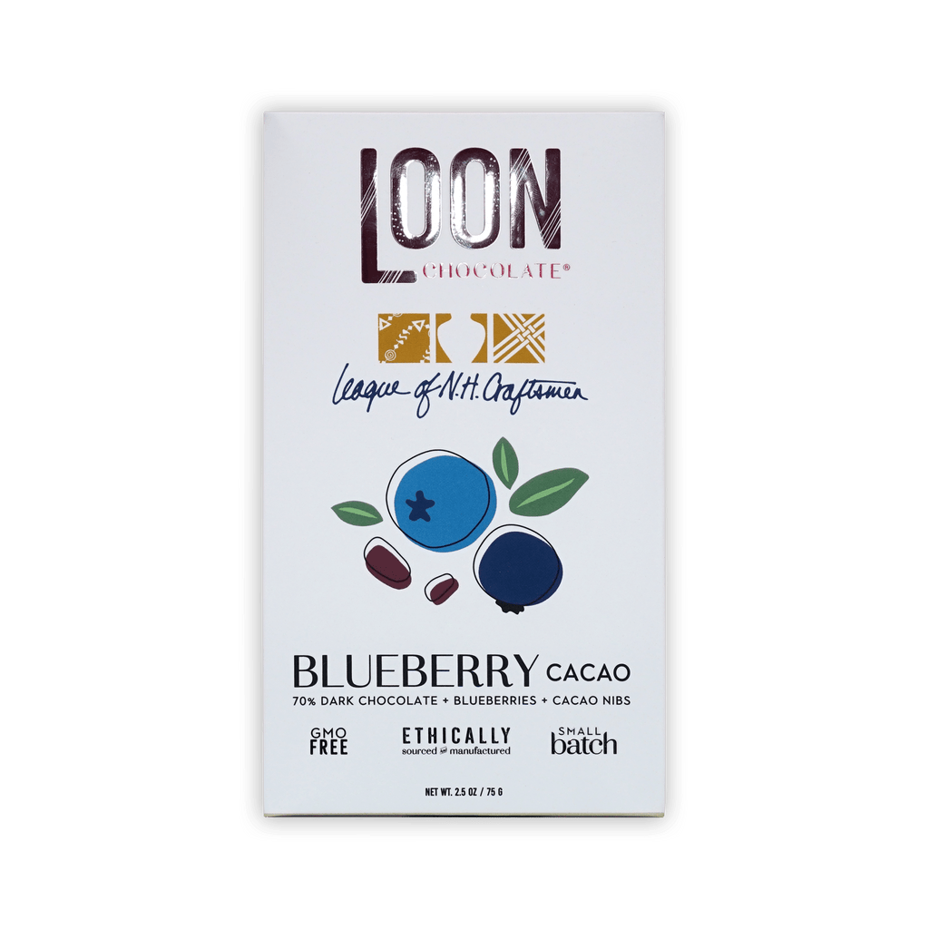 Loon Chocolate white box, Blueberry Cacao, 70% dark chocolate with blueberries and cacao nibs, berry illustration, 75g
