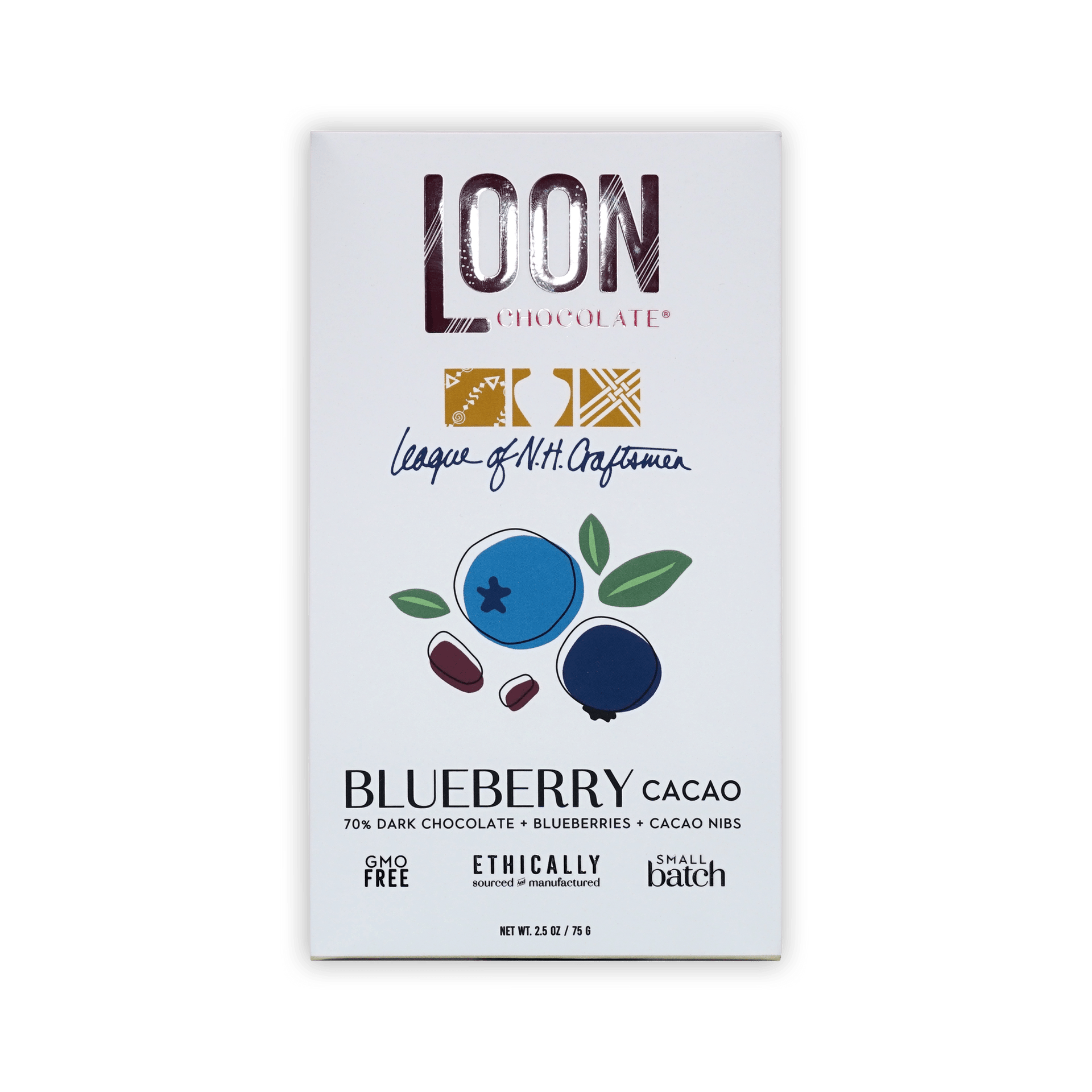 Loon Chocolate white box, Blueberry Cacao, 70% dark chocolate with blueberries and cacao nibs, berry illustration, 75g